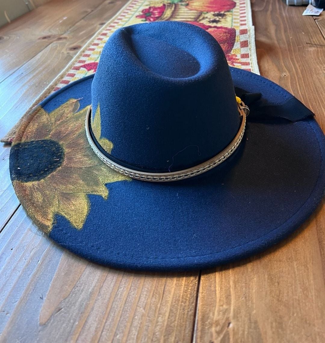 Indiana Designer Navy Blue Rancher Hat Hand Painted Sunflower 4