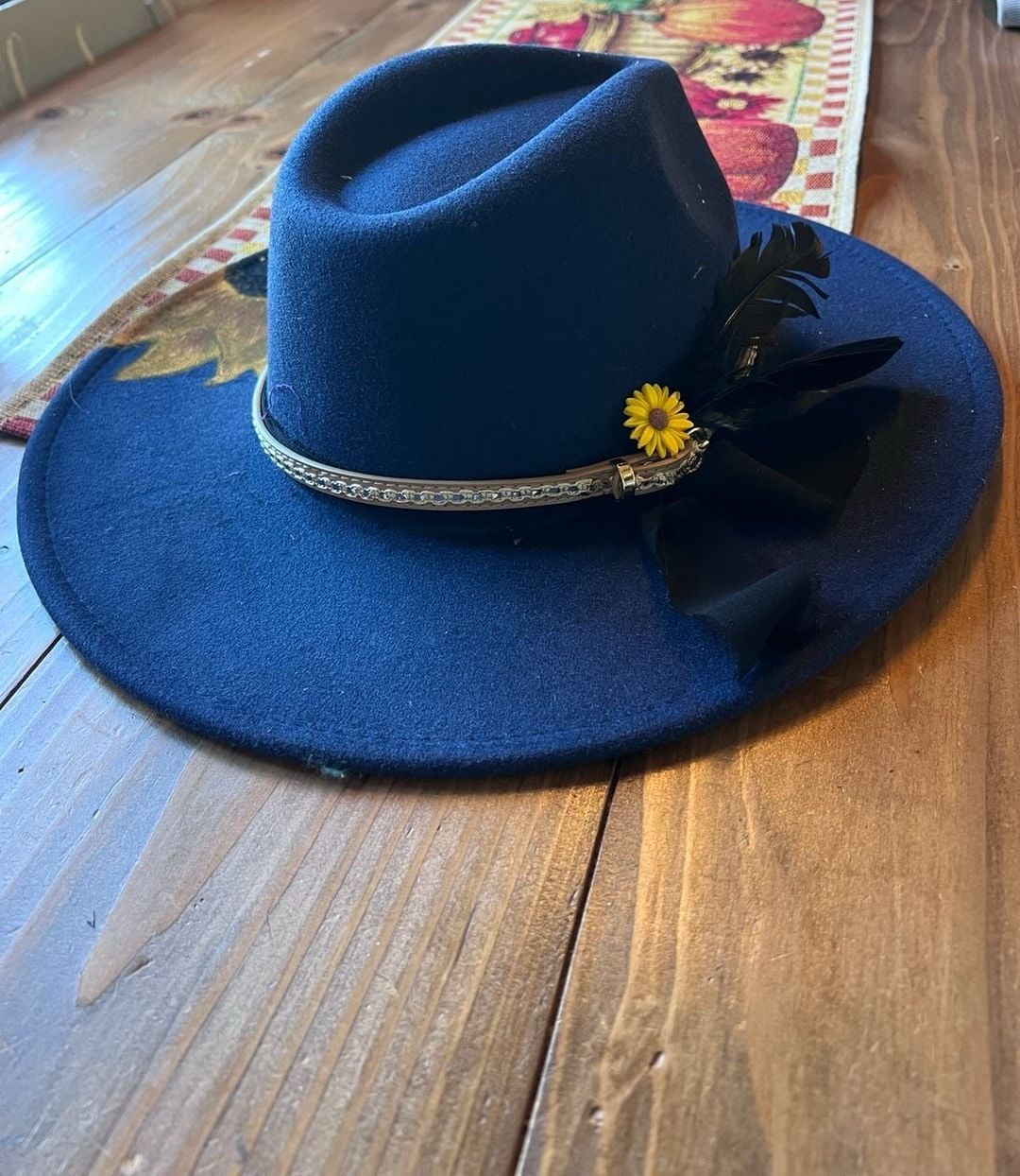Indiana Designer Navy Blue Rancher Hat Hand Painted Sunflower 3