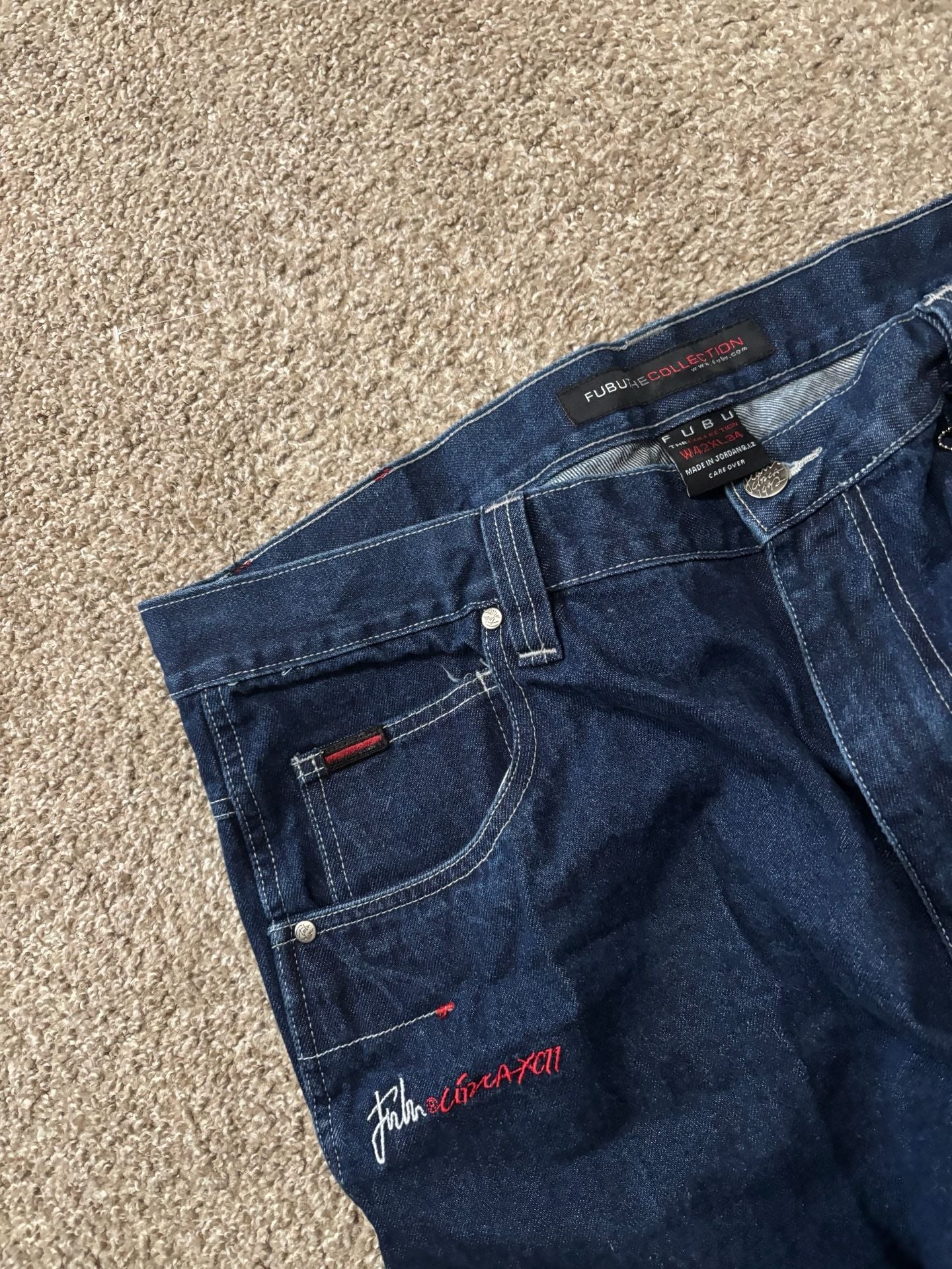 1990s Early 2000s Fubu The Collection Relaxed Jeans 42x34 Dark Wash Cargo Denim Hip Hop Pants 7
