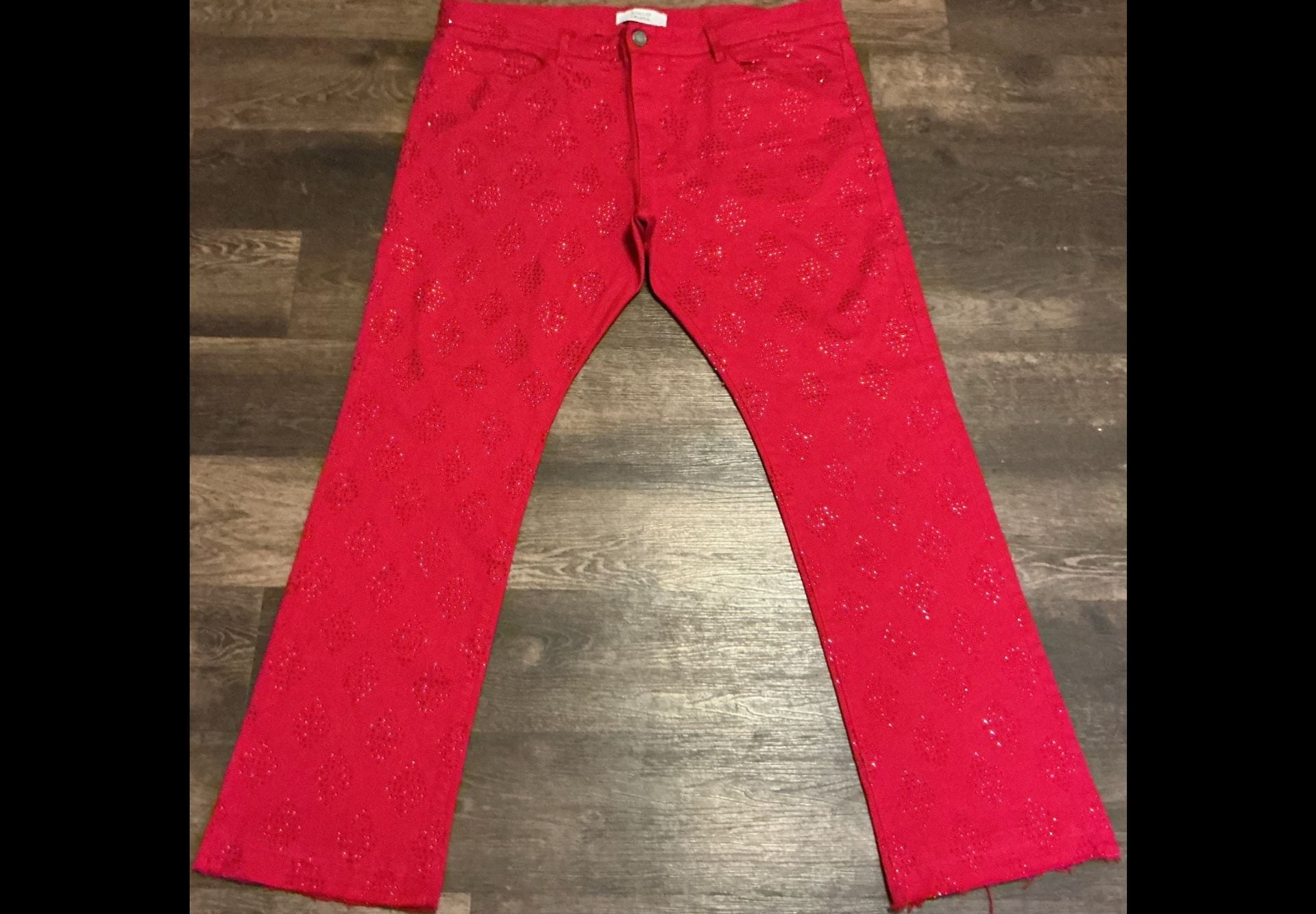 Liquid Crystal Red Rhinestone Diamond Stacked Denim Jeans 3