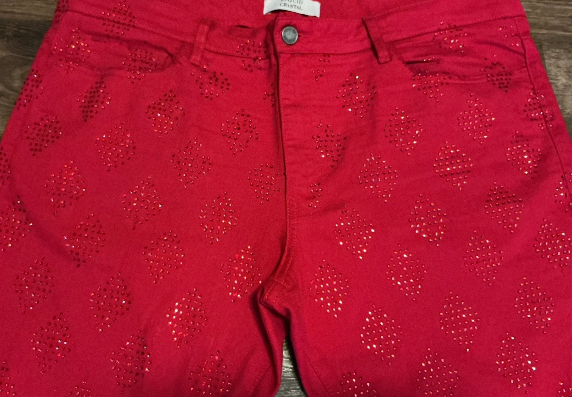 Liquid Crystal Red Rhinestone Diamond Stacked Denim Jeans 4
