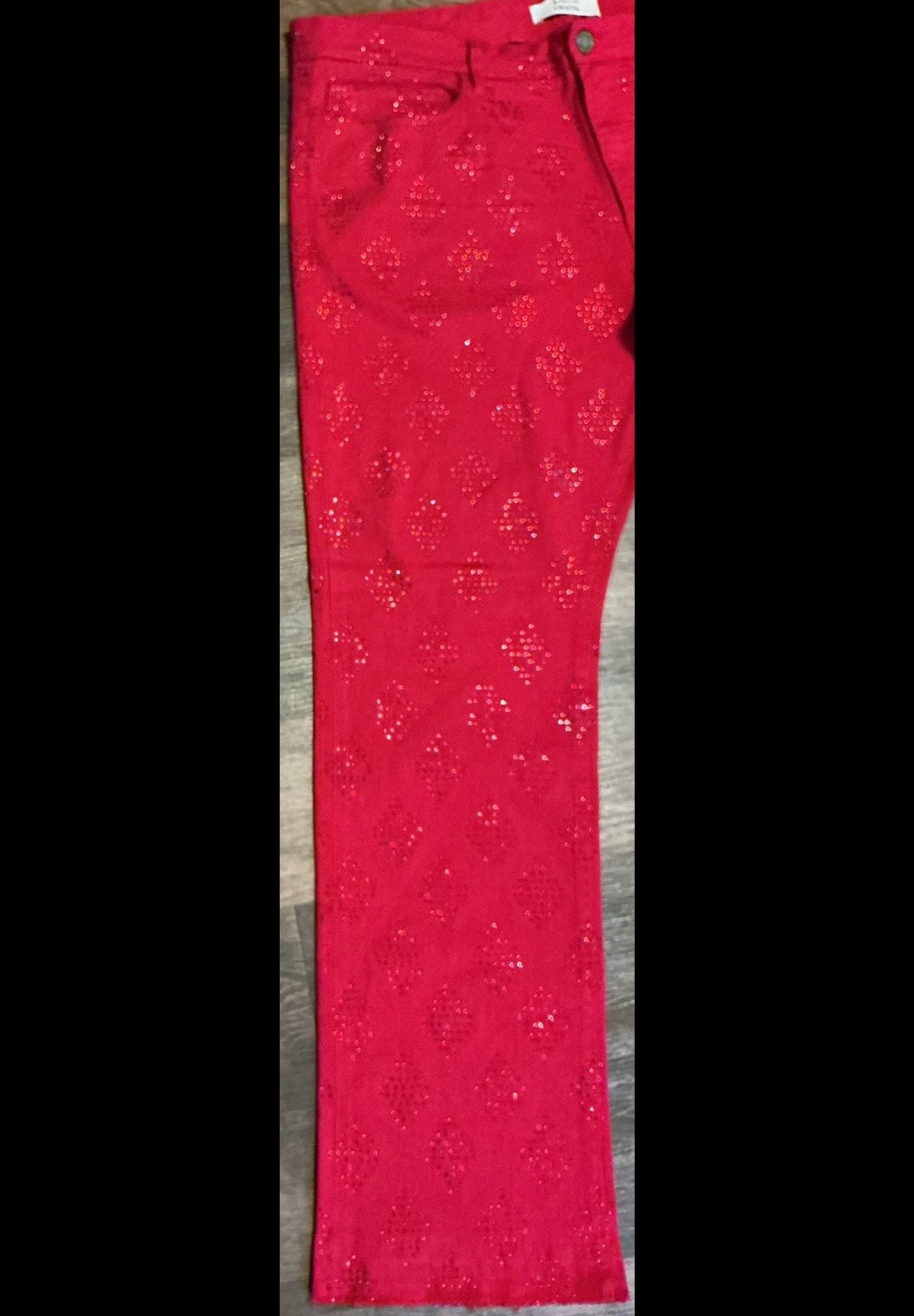 Liquid Crystal Red Rhinestone Diamond Stacked Denim Jeans 5