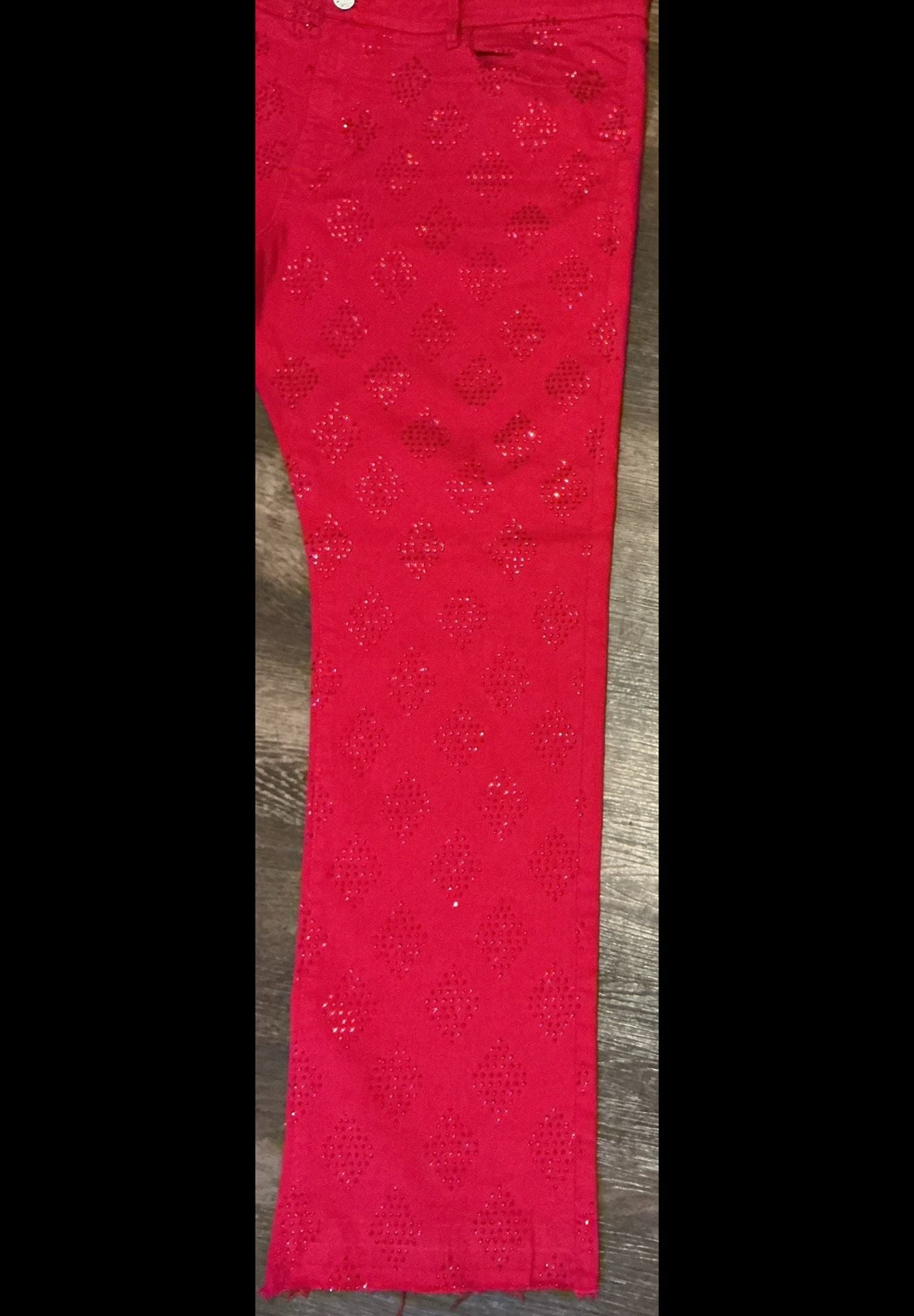 Liquid Crystal Red Rhinestone Diamond Stacked Denim Jeans 6