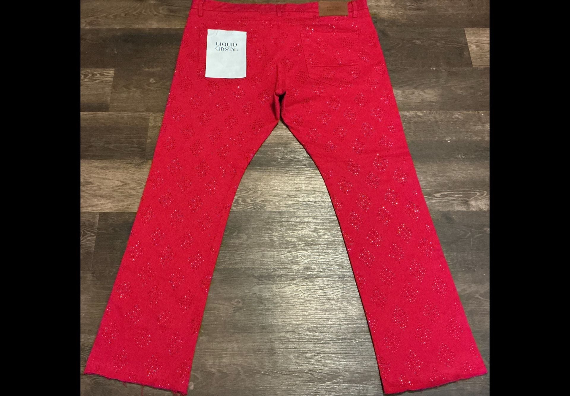 Liquid Crystal Red Rhinestone Diamond Stacked Denim Jeans 7