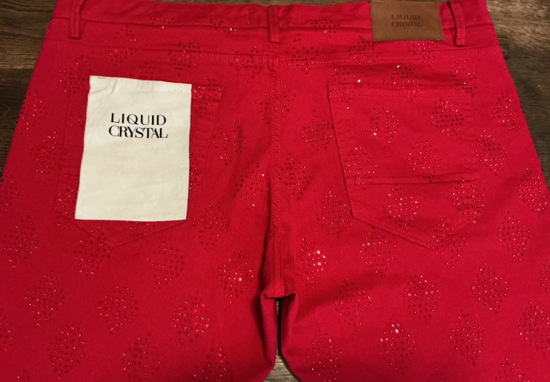 Liquid Crystal Red Rhinestone Diamond Stacked Denim Jeans 9