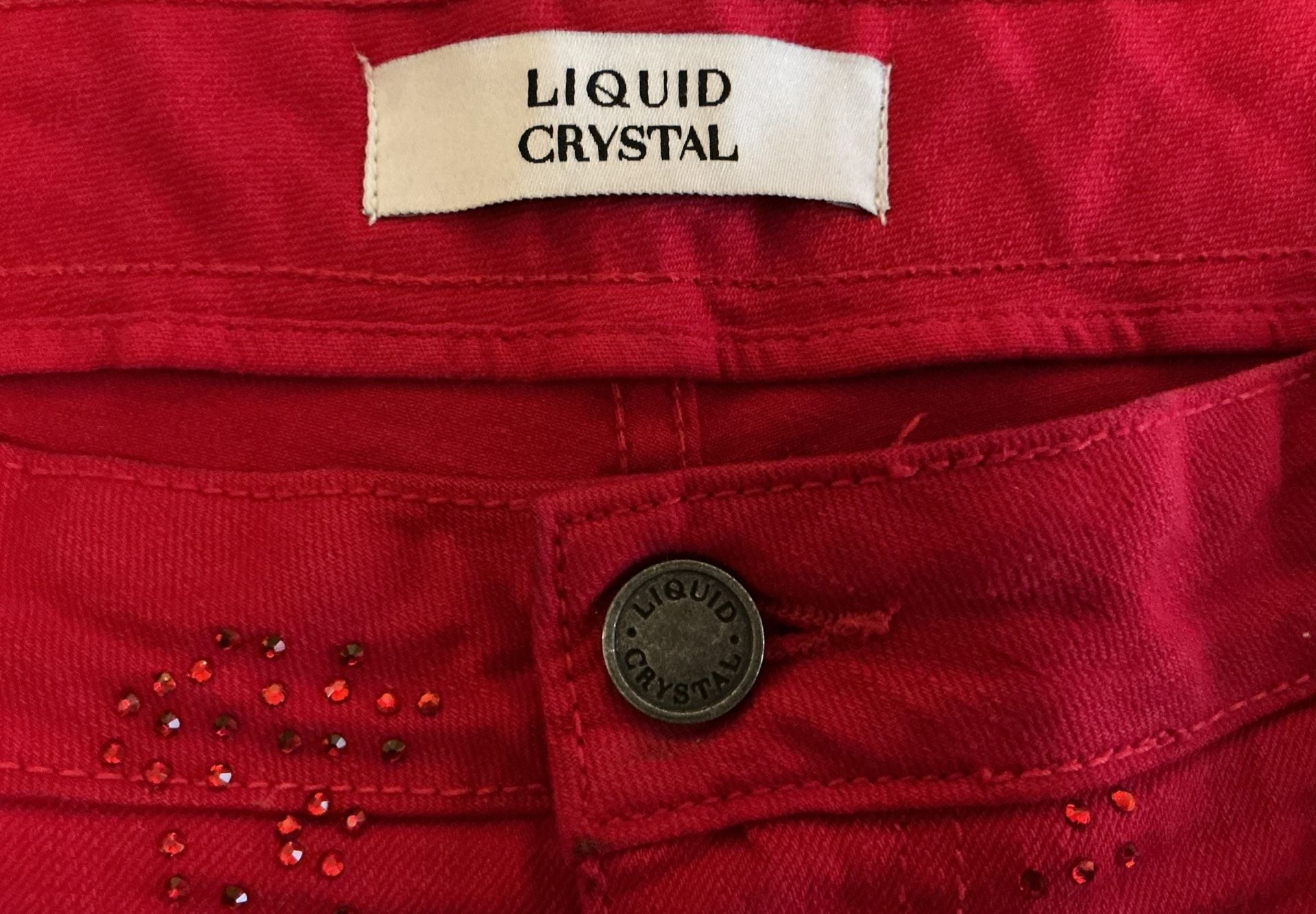 Liquid Crystal Red Rhinestone Diamond Stacked Denim Jeans 13