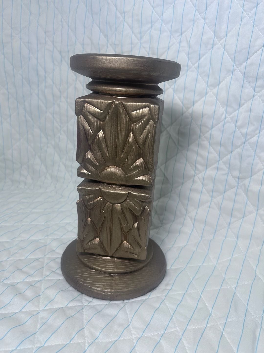 Wilks Signed Vintage Gold Art Deco Sunburst Pillar Candle Holder 1