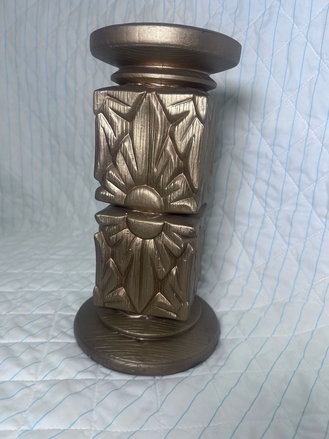 Wilks Signed Vintage Gold Art Deco Sunburst Pillar Candle Holder 2