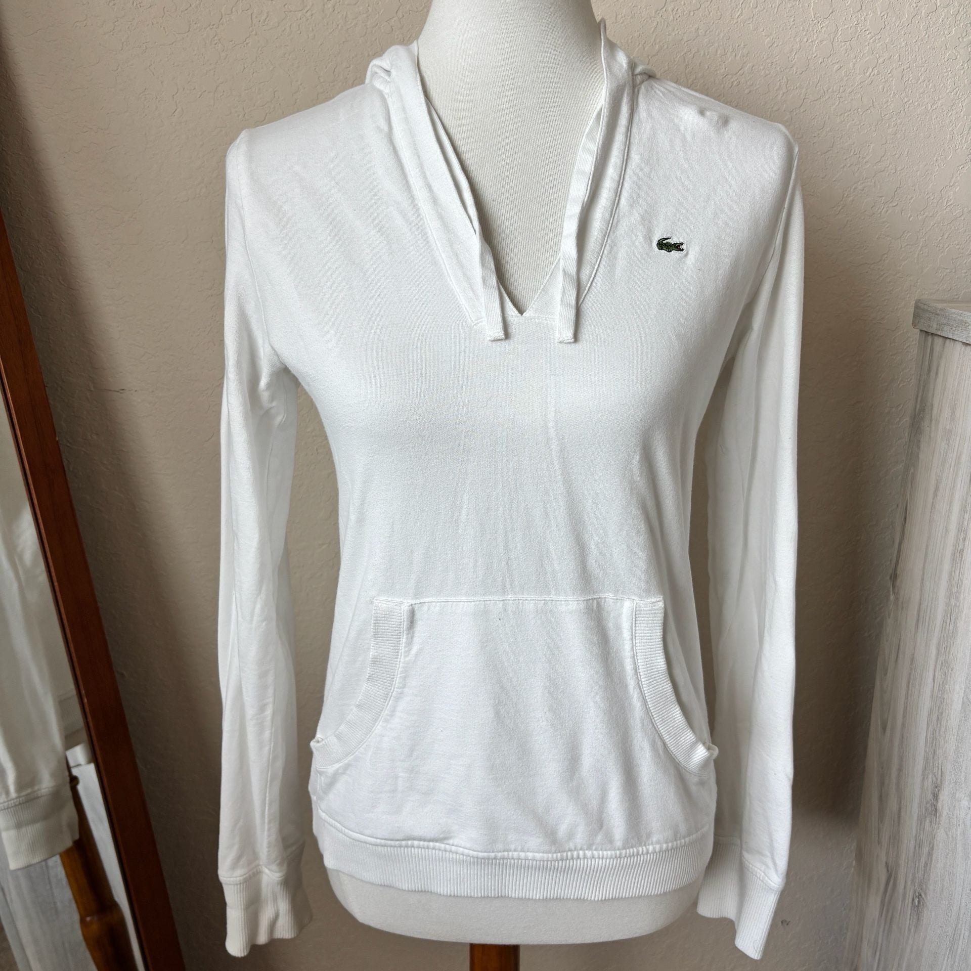 Lacoste Hoodie Cotton White Pullover Sweatshirt Y2K Size 38 Medium 2
