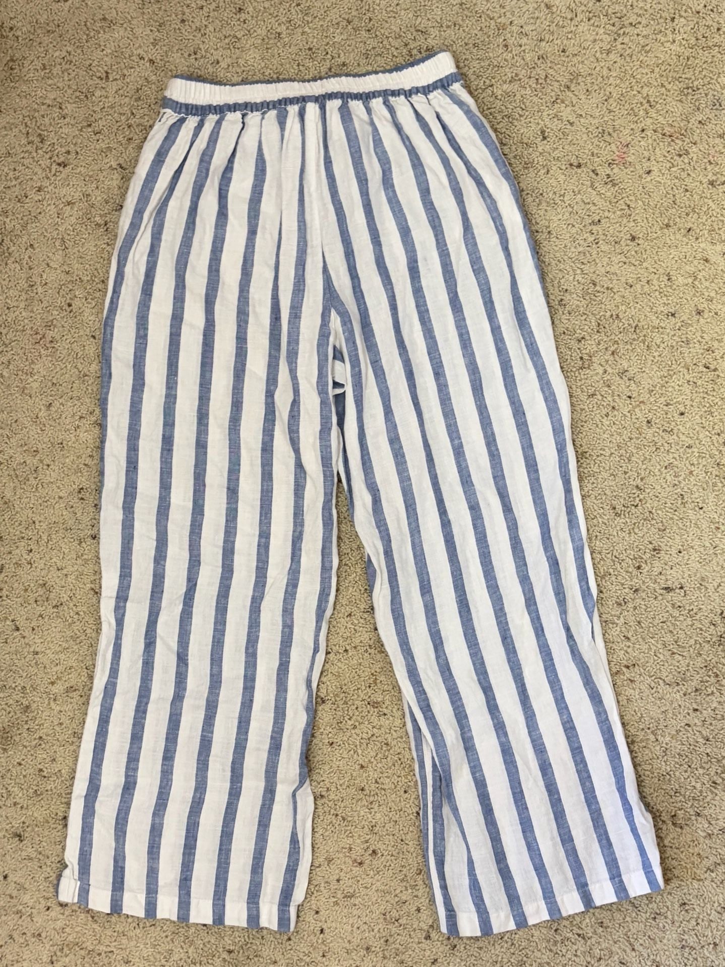 Jones New York 100% Linen Pants Blue White Striped Wide Leg Coastal Large 7
