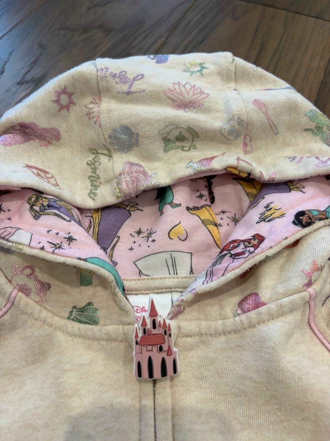 Disney Princess Full Zip Hoodie Size 6 Cream Glitter Castle 7