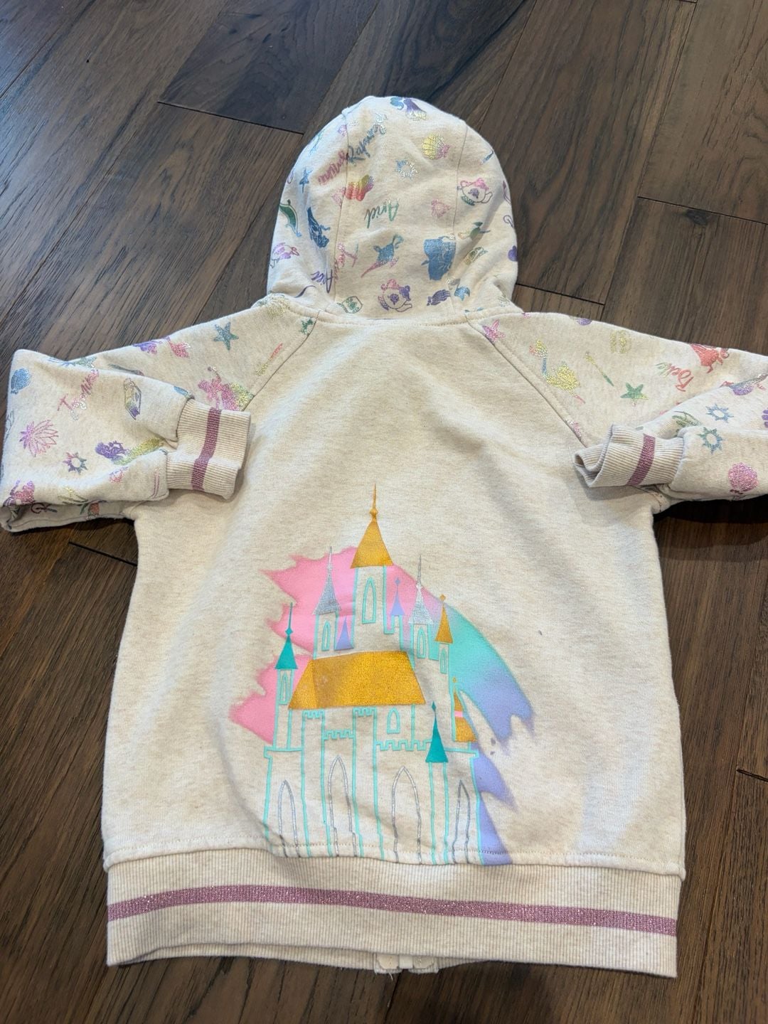 Disney Princess Full Zip Hoodie Size 6 Cream Glitter Castle 10