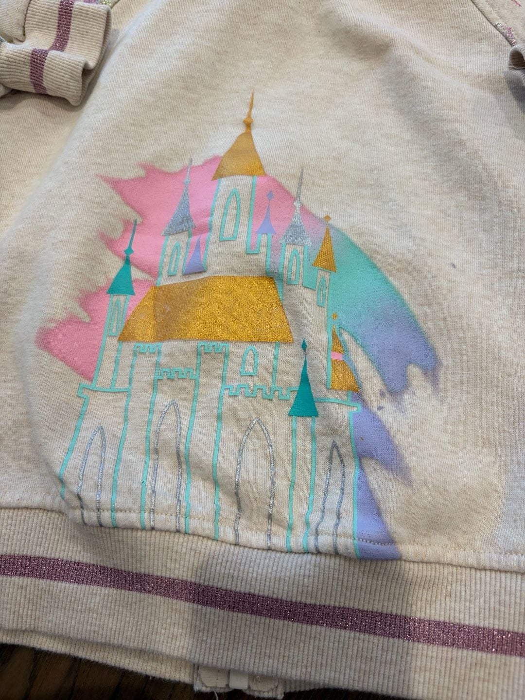 Disney Princess Full Zip Hoodie Size 6 Cream Glitter Castle 11