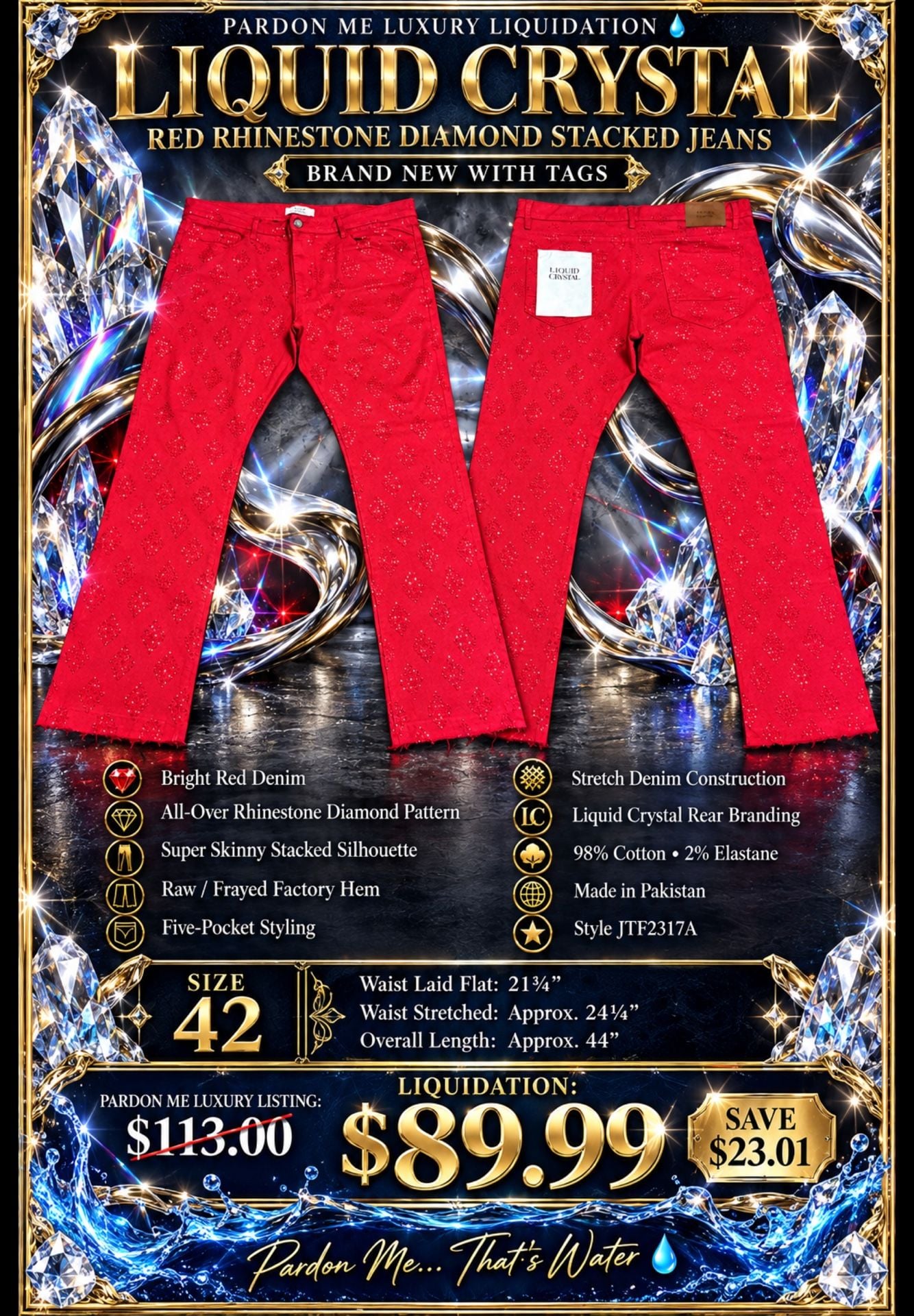 Liquid Crystal Red Rhinestone Diamond Stacked Denim Jeans 2