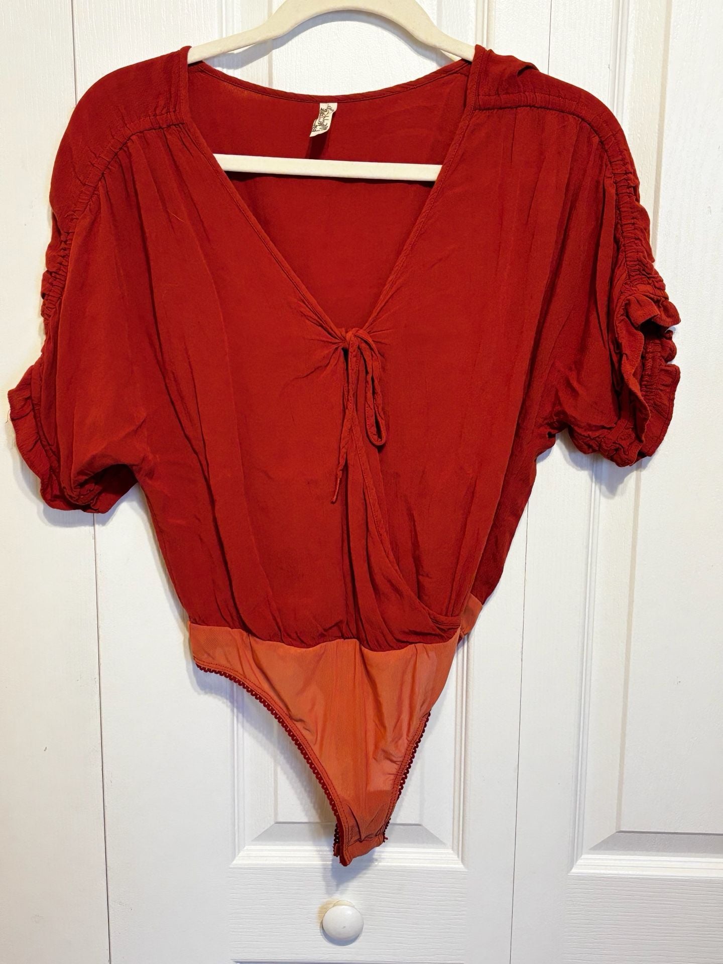 Free People Cleo Bodysuit Burnt Orange Short Sleeve Tie V-Neck 2