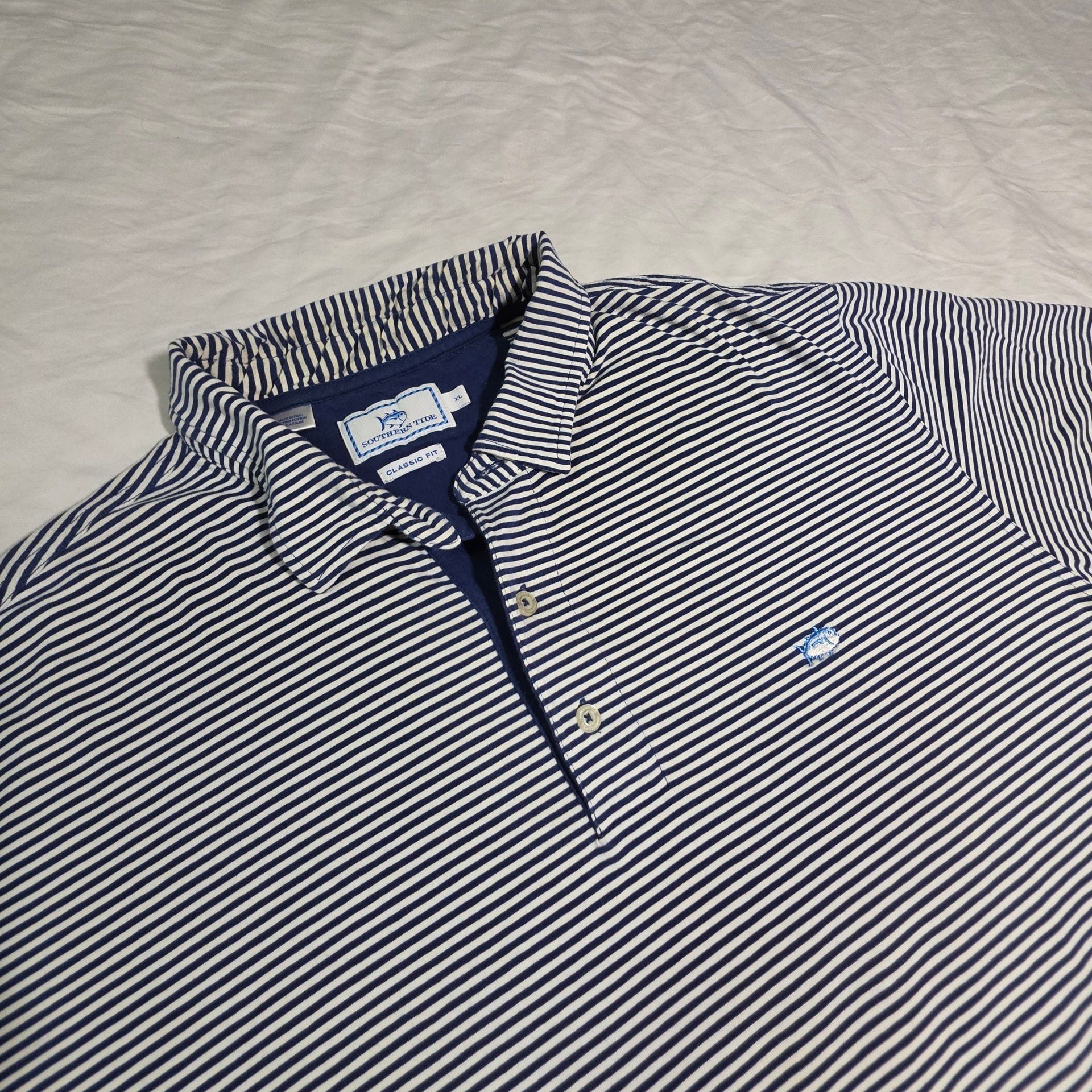Southern Tide Polo Shirt XL Blue White Striped Classic Fit 2