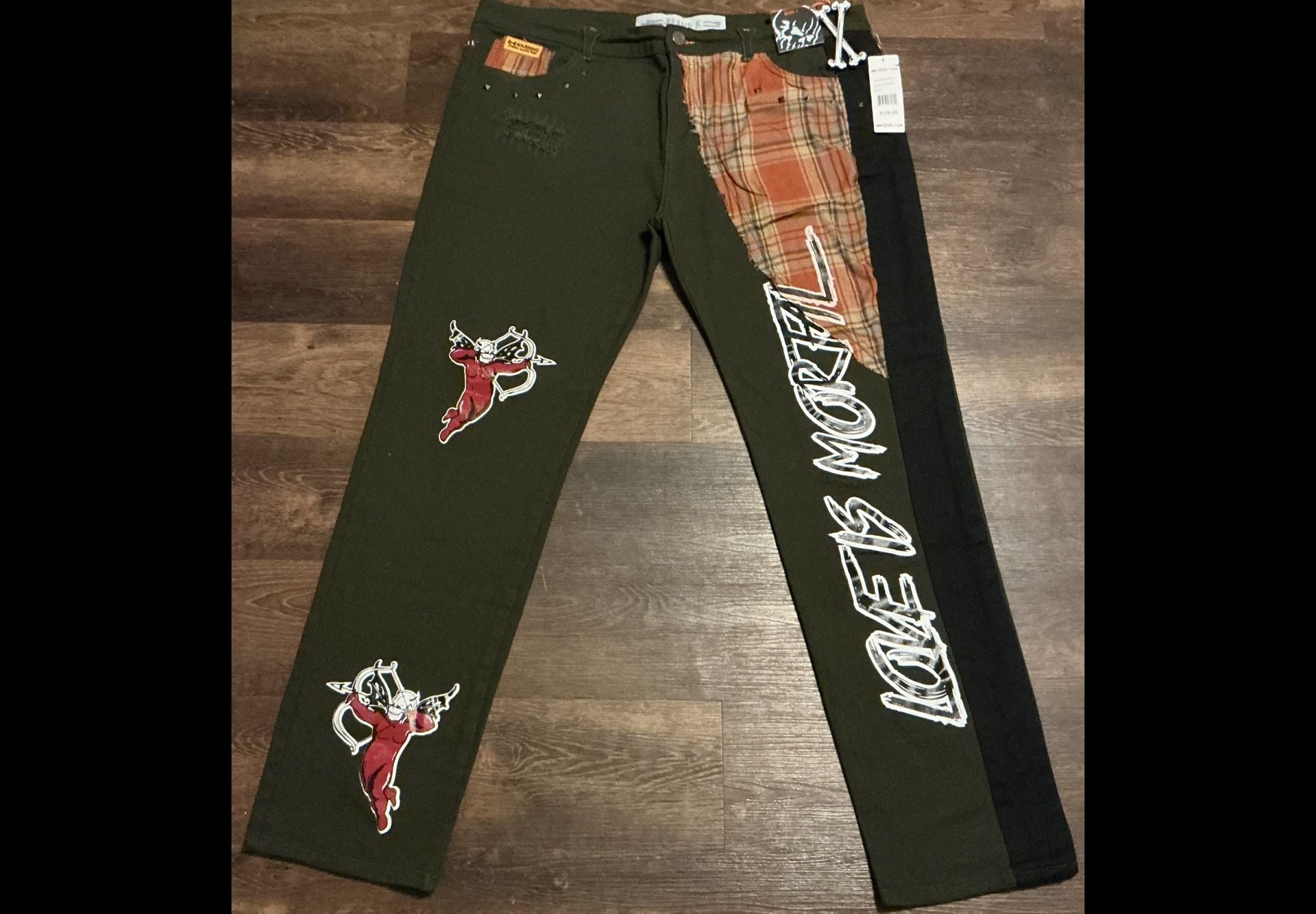 Brand X Love Is Mortal Dark Green Plaid Patchwork Jeans 3