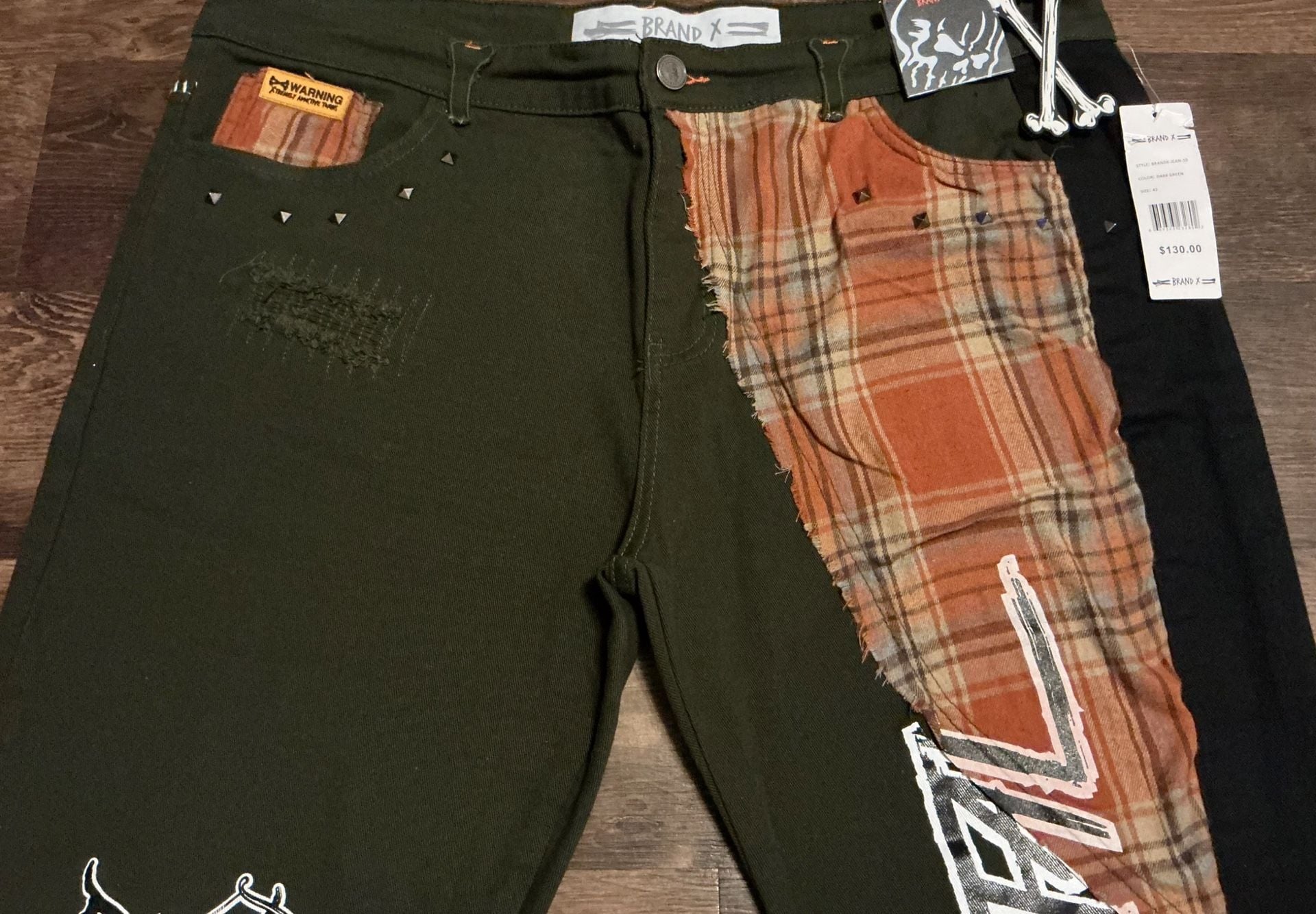 Brand X Love Is Mortal Dark Green Plaid Patchwork Jeans 4