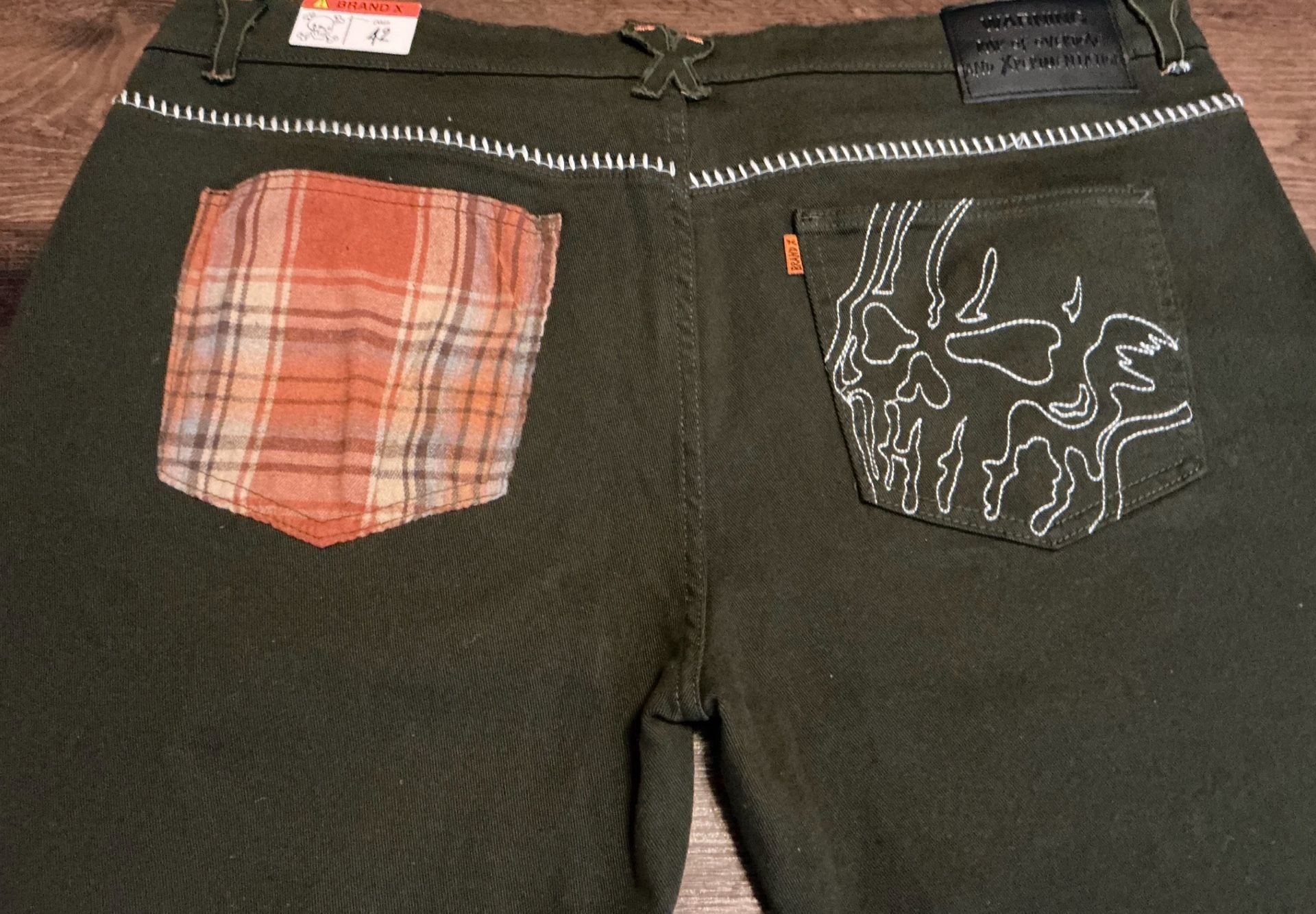 Brand X Love Is Mortal Dark Green Plaid Patchwork Jeans 6