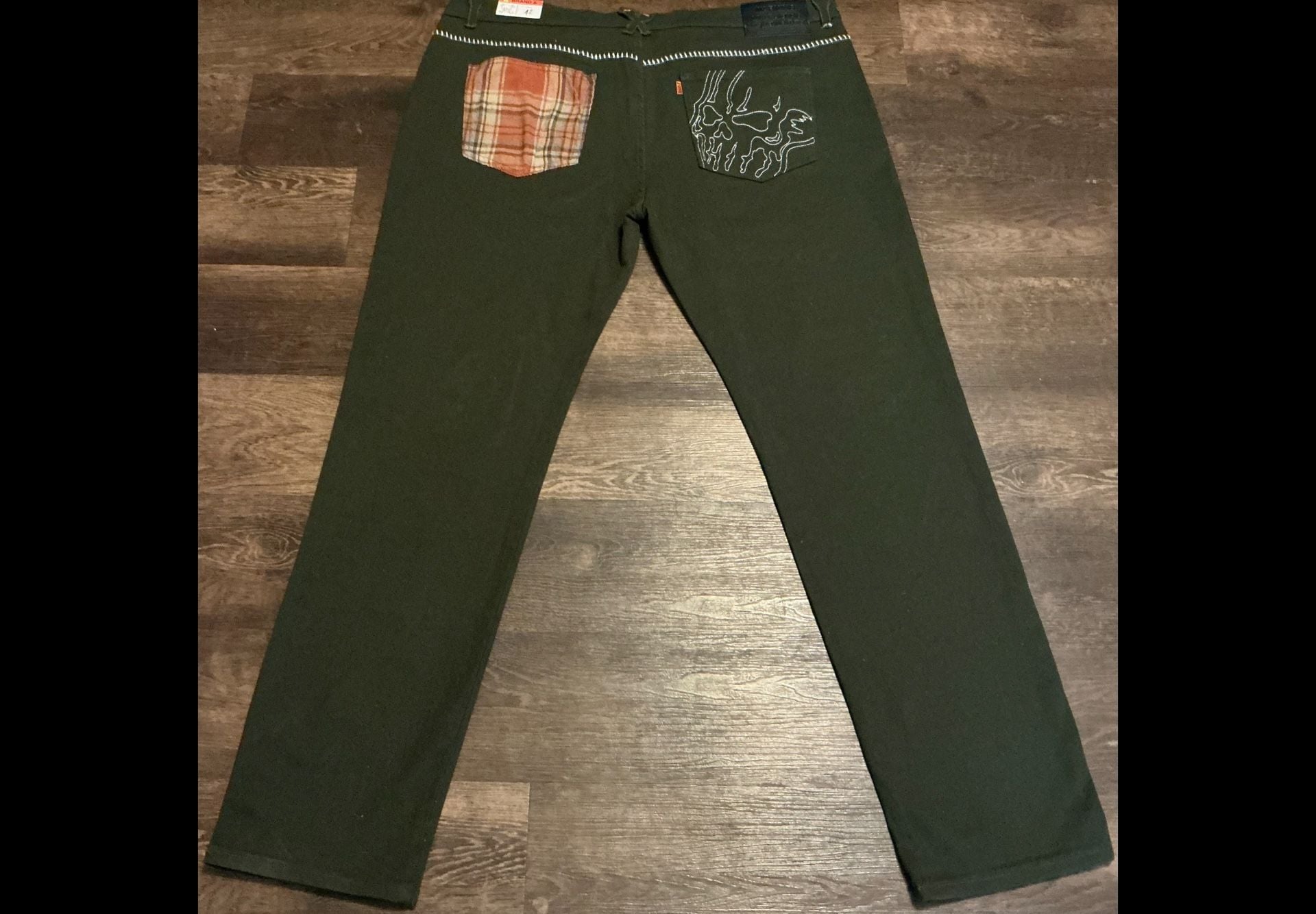 Brand X Love Is Mortal Dark Green Plaid Patchwork Jeans 7