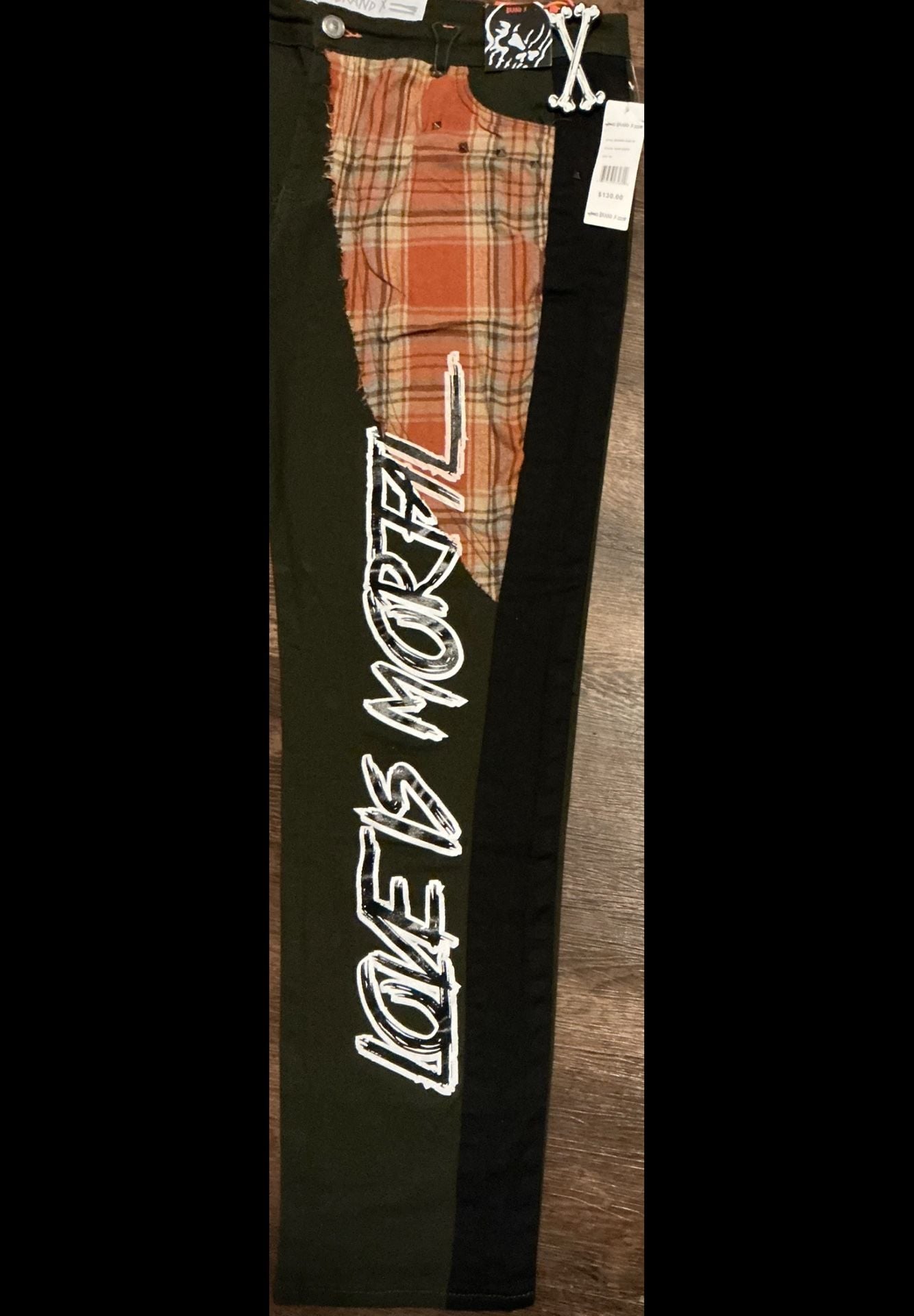 Brand X Love Is Mortal Dark Green Plaid Patchwork Jeans 8