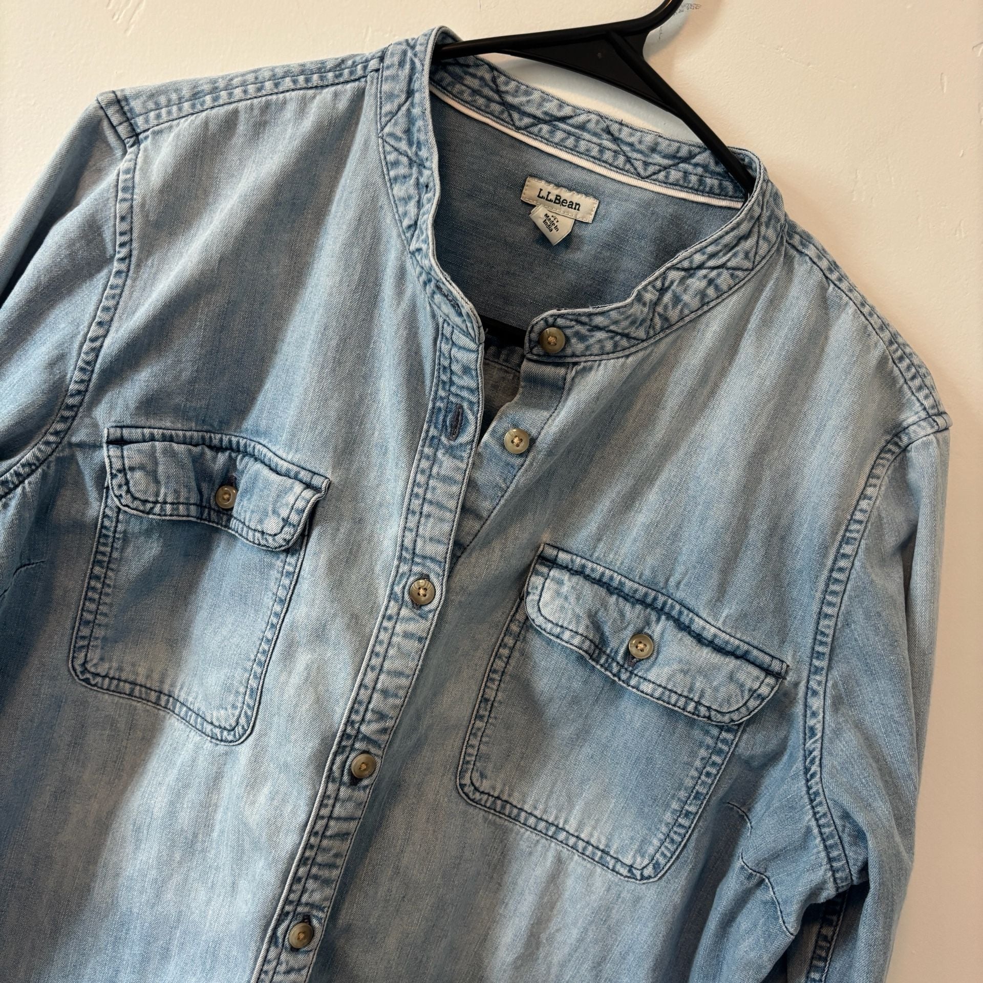 LL Bean Women's Denim Button Up Shirt L 100% Cotton Chambray Mandarin Collar 2