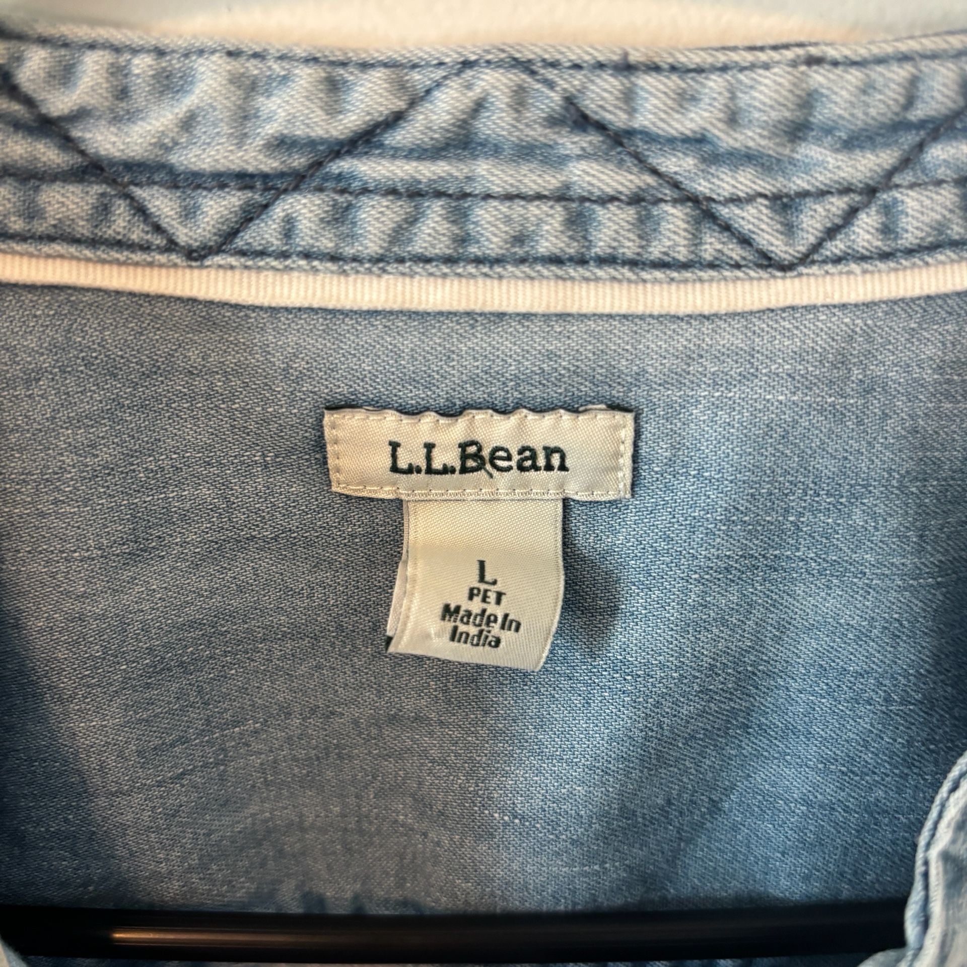 LL Bean Women's Denim Button Up Shirt L 100% Cotton Chambray Mandarin Collar 4