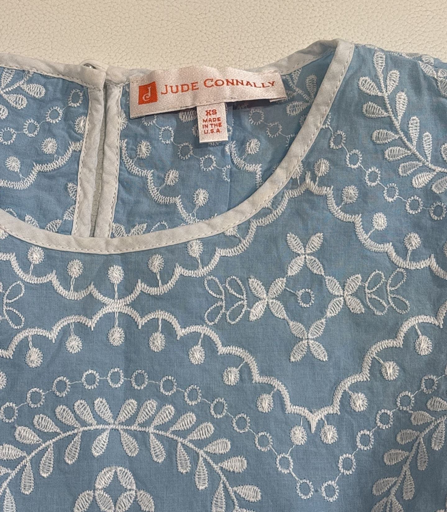 Jude Connally Blouse Blue White Eyelet Embroidered Top Sz XS 7