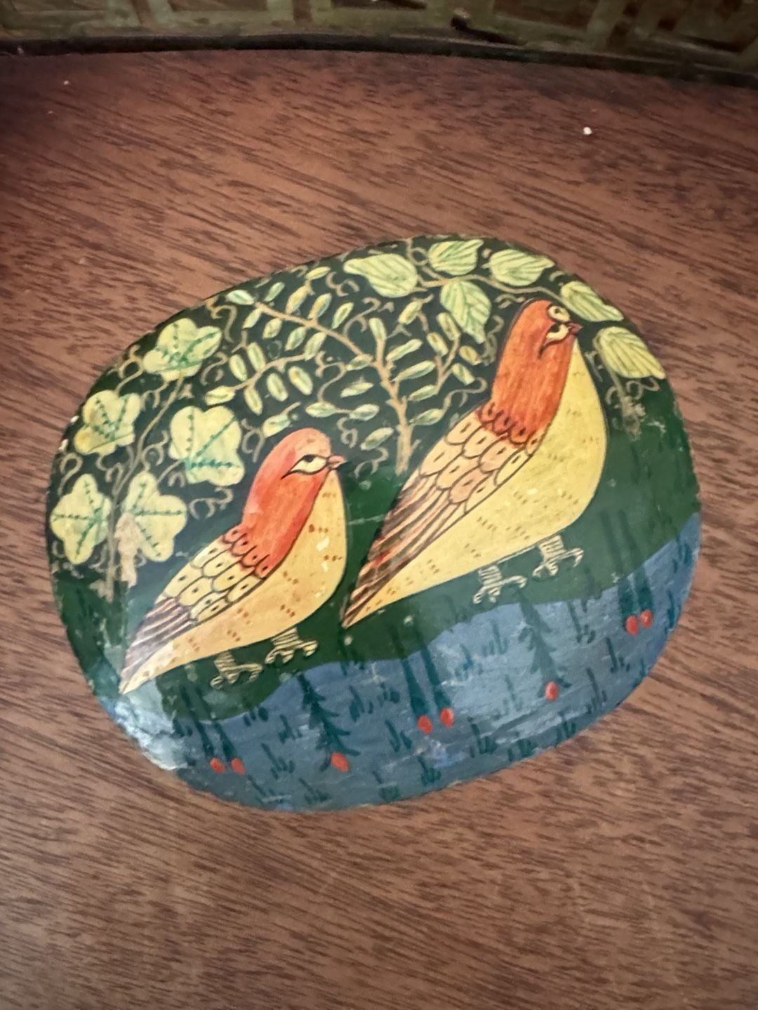 Vintage Hand Painted Kashmir Papier Mache Bird Trinket Box 2