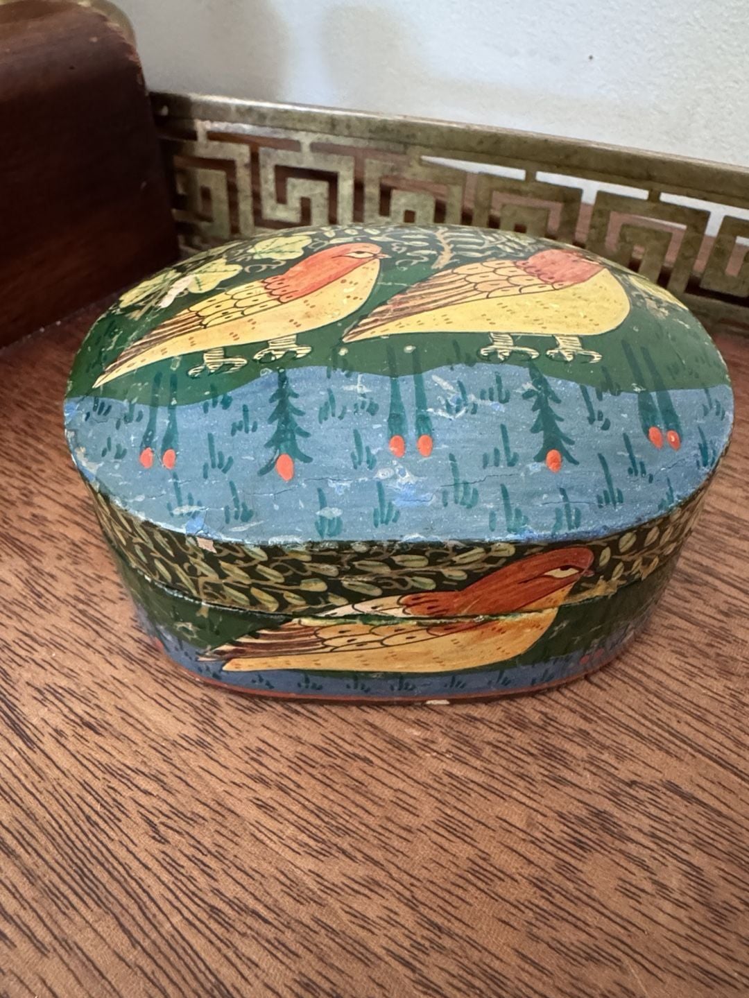 Vintage Hand Painted Kashmir Papier Mache Bird Trinket Box 3