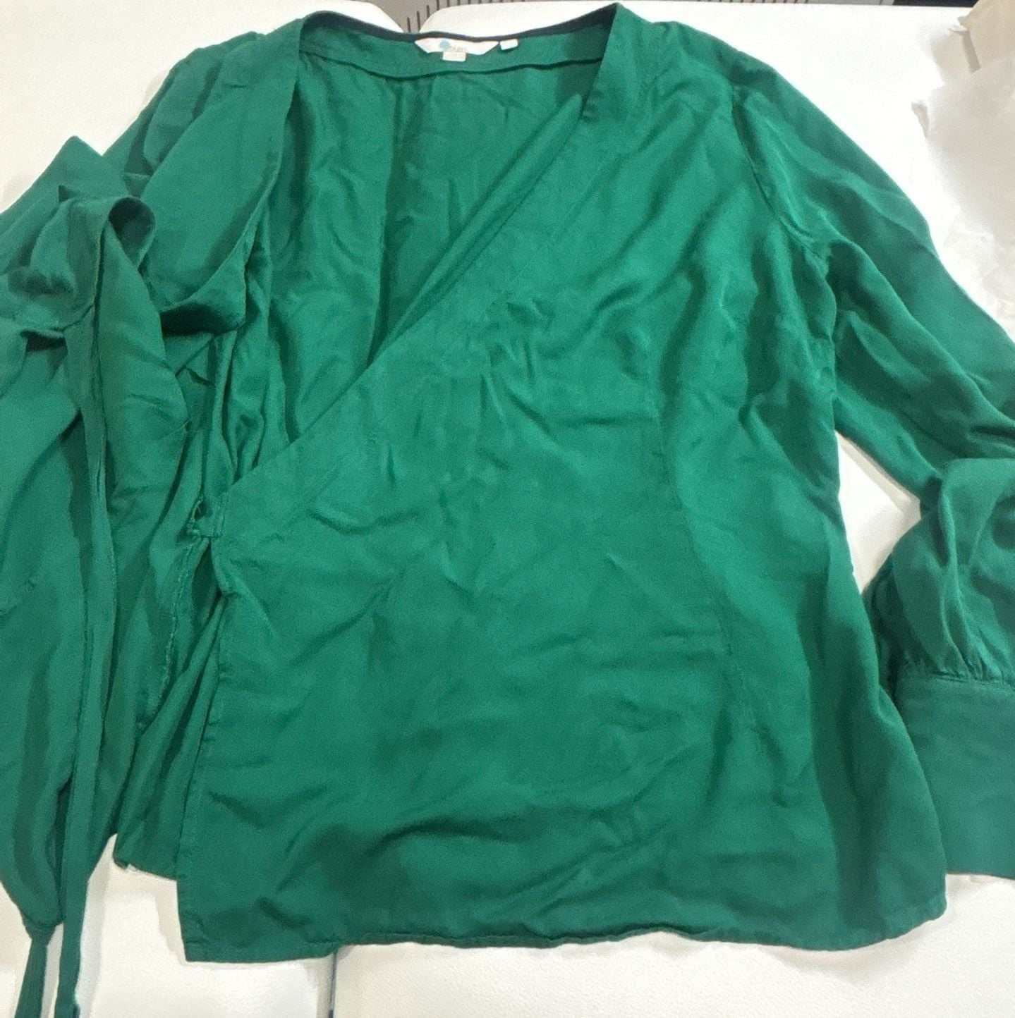 Boden Green Wrap Blouse Size US 14R Long Sleeve Tie Waist V-Neck 9