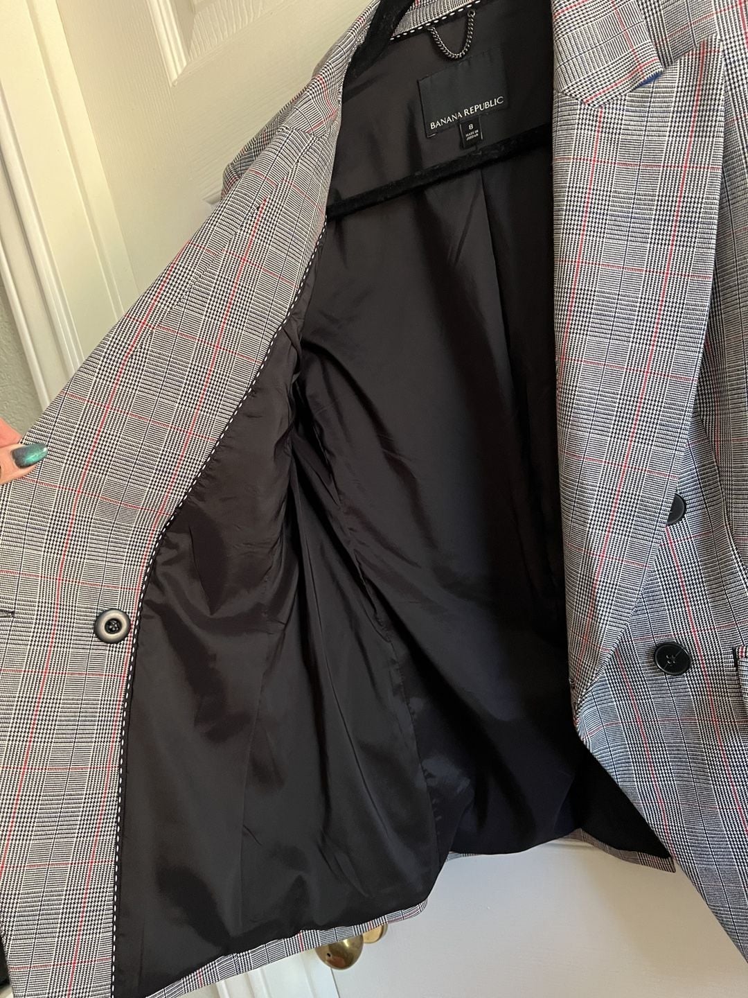 Banana Republic Double Breasted Plaid Blazer Size 8 Grey Red Check 6