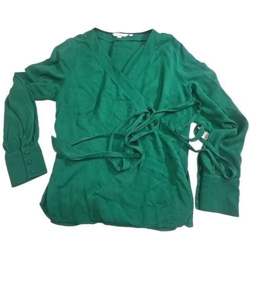 Boden Green Wrap Blouse Size US 14R Long Sleeve Tie Waist V-Neck 12