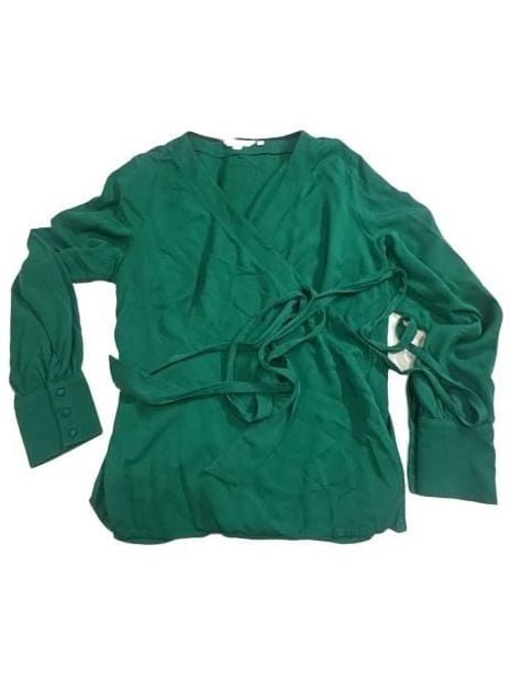 Boden Green Wrap Blouse Size US 14R Long Sleeve Tie Waist V-Neck 13