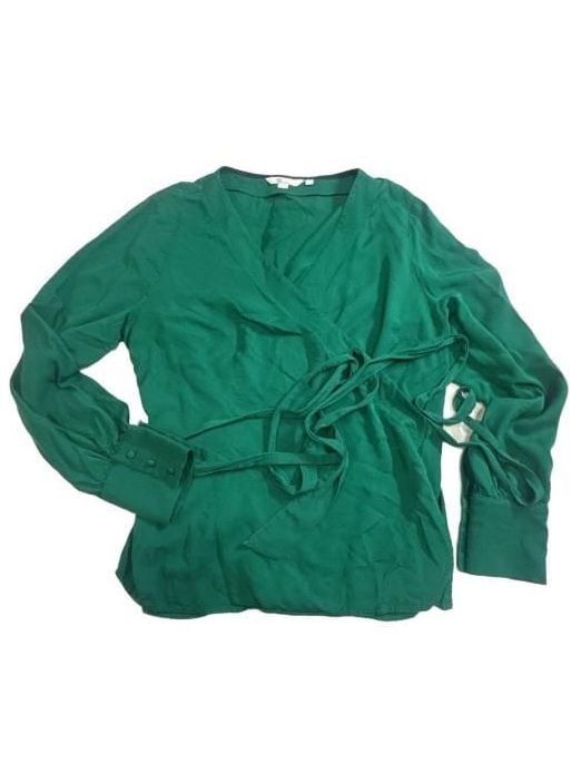 Boden Green Wrap Blouse Size US 14R Long Sleeve Tie Waist V-Neck 14
