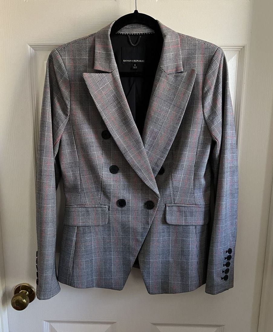 Banana Republic Double Breasted Plaid Blazer Size 8 Grey Red Check 2