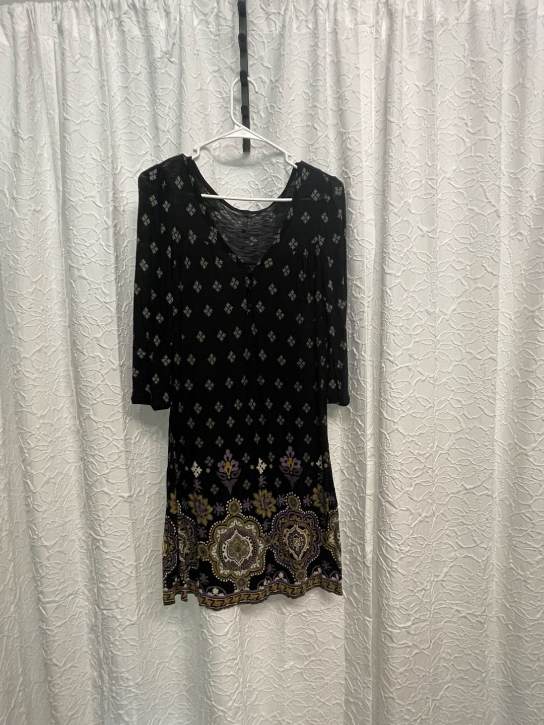 Next Boho Black Floral Print 3/4 Sleeve Mini Dress UK 14 Sz 10 US Bohemian 2