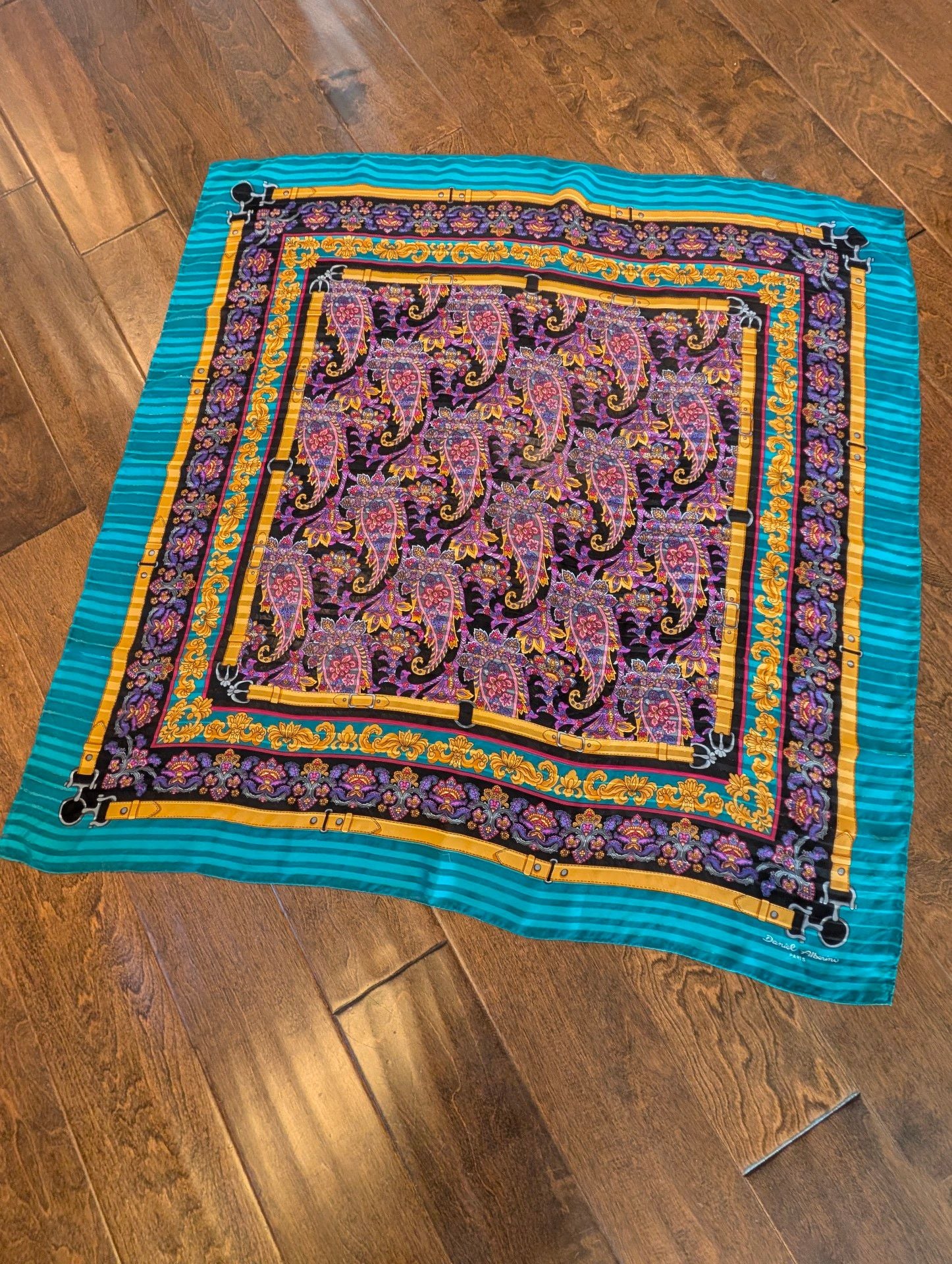Daniel Alberini Silk Scarf 34x34 Turquoise Gold Paisley Print 1