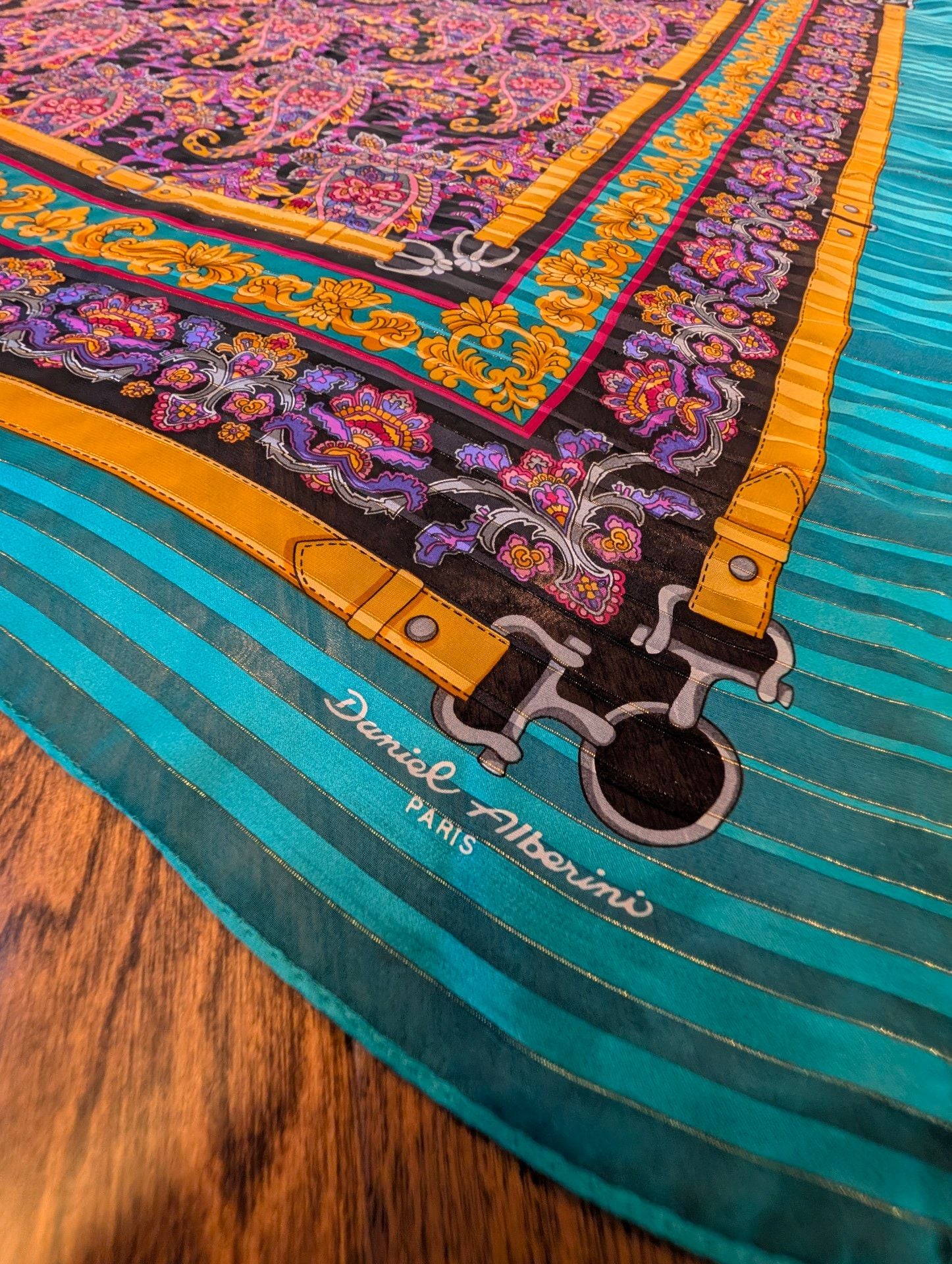 Daniel Alberini Silk Scarf 34x34 Turquoise Gold Paisley Print 2