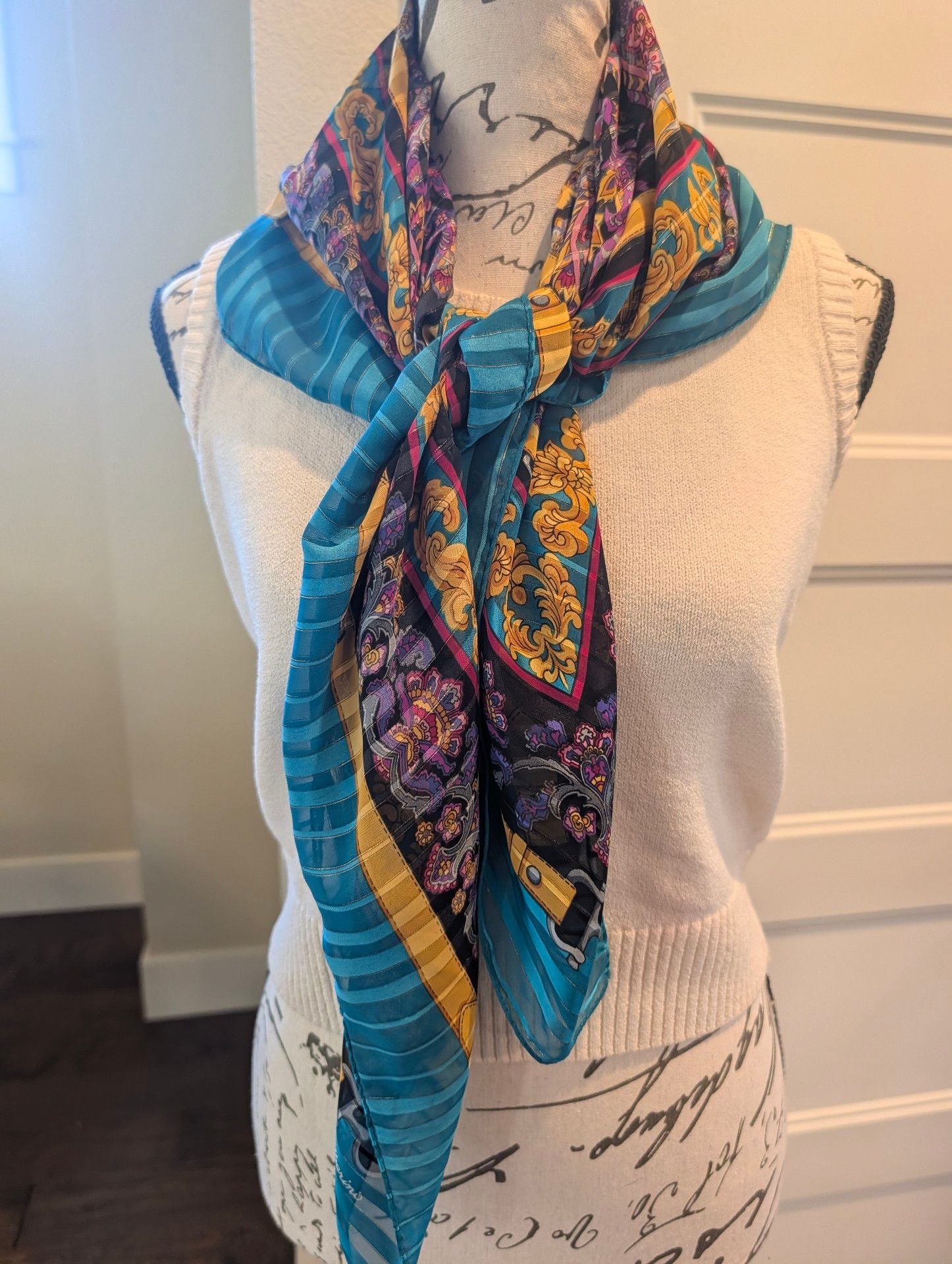 Daniel Alberini Silk Scarf 34x34 Turquoise Gold Paisley Print 5