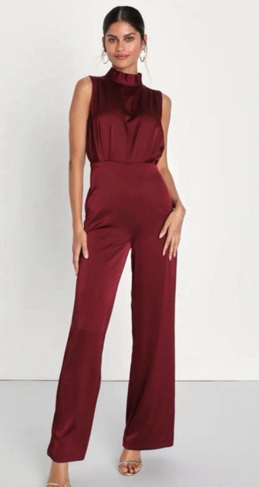 Lulus Classic Elegance Wine Red Satin Mock Neck Jumpsuit 2
