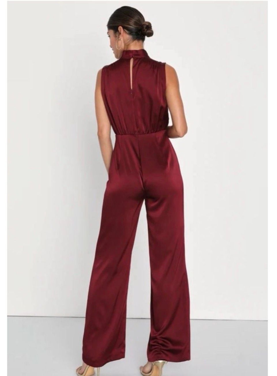 Lulus Classic Elegance Wine Red Satin Mock Neck Jumpsuit 3