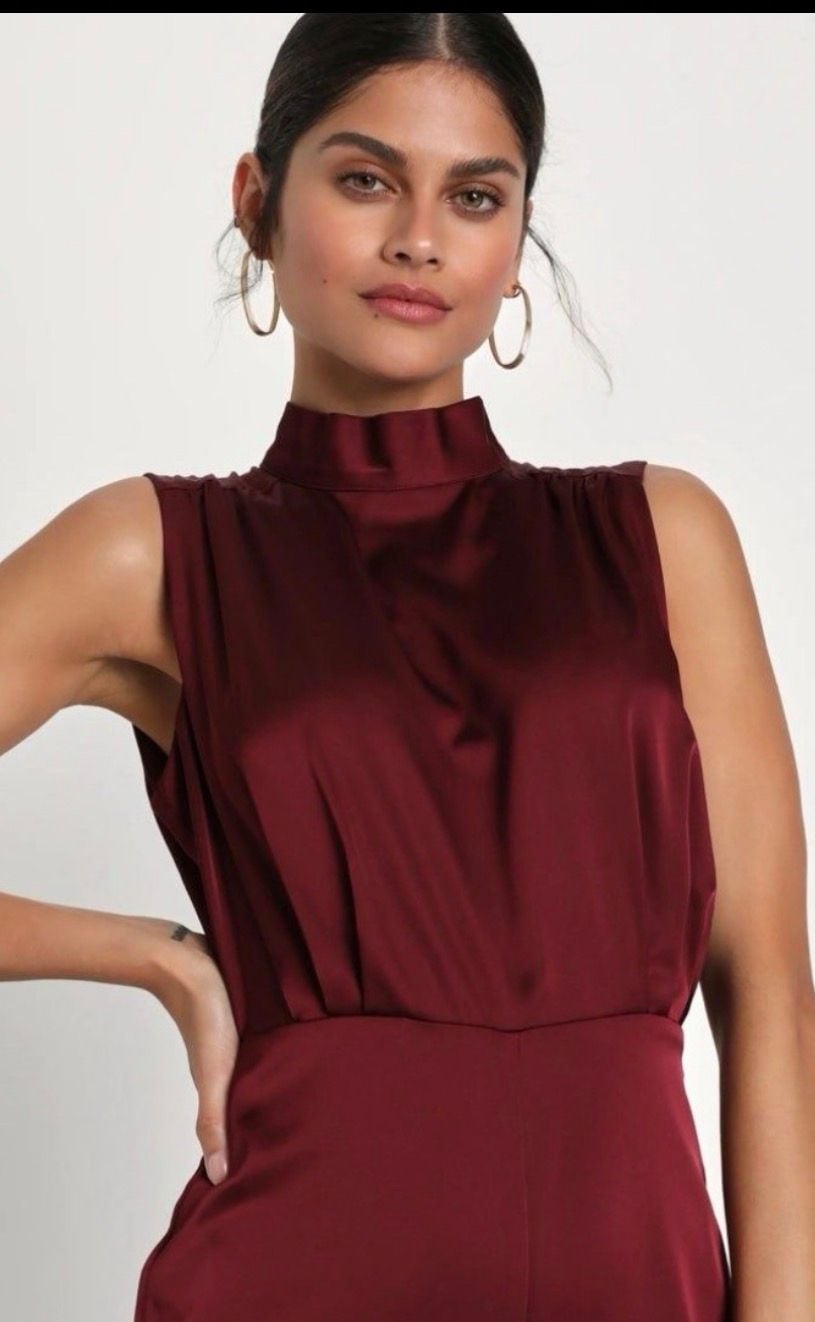 Lulus Classic Elegance Wine Red Satin Mock Neck Jumpsuit 4