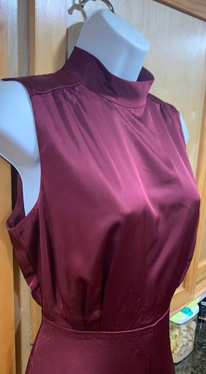Lulus Classic Elegance Wine Red Satin Mock Neck Jumpsuit 7