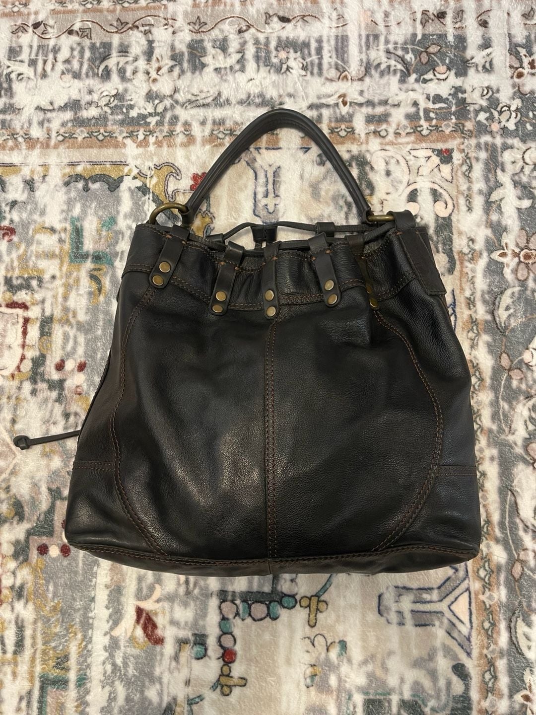 Lucky Brand Black Leather Drawstring Hobo Shoulder Bag 3