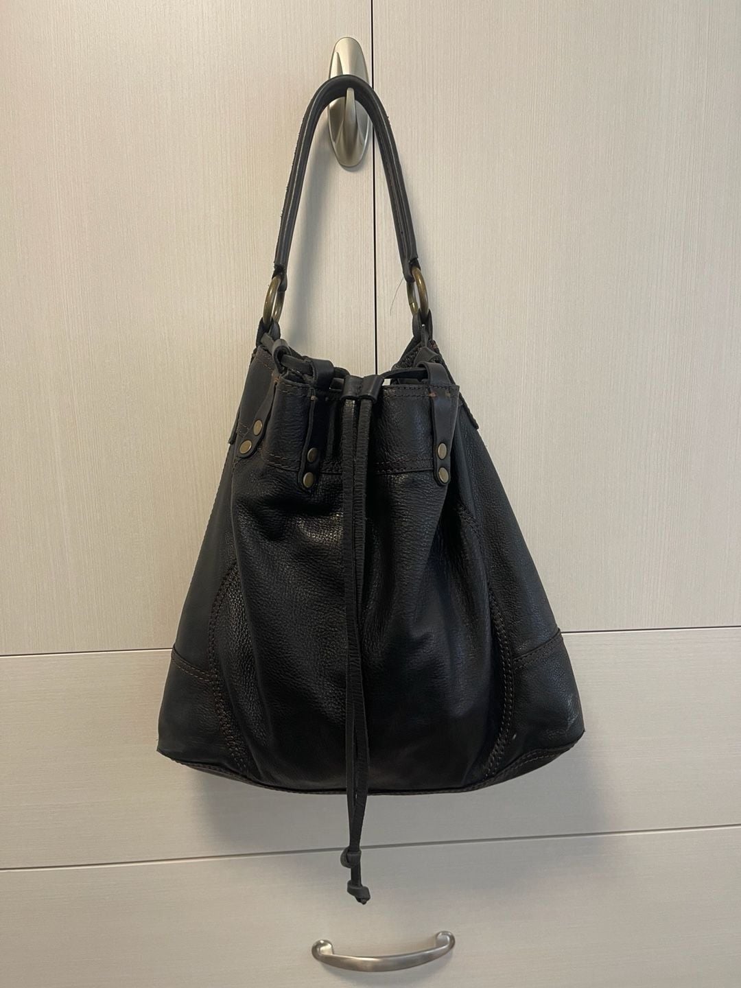 Lucky Brand Black Leather Drawstring Hobo Shoulder Bag 6