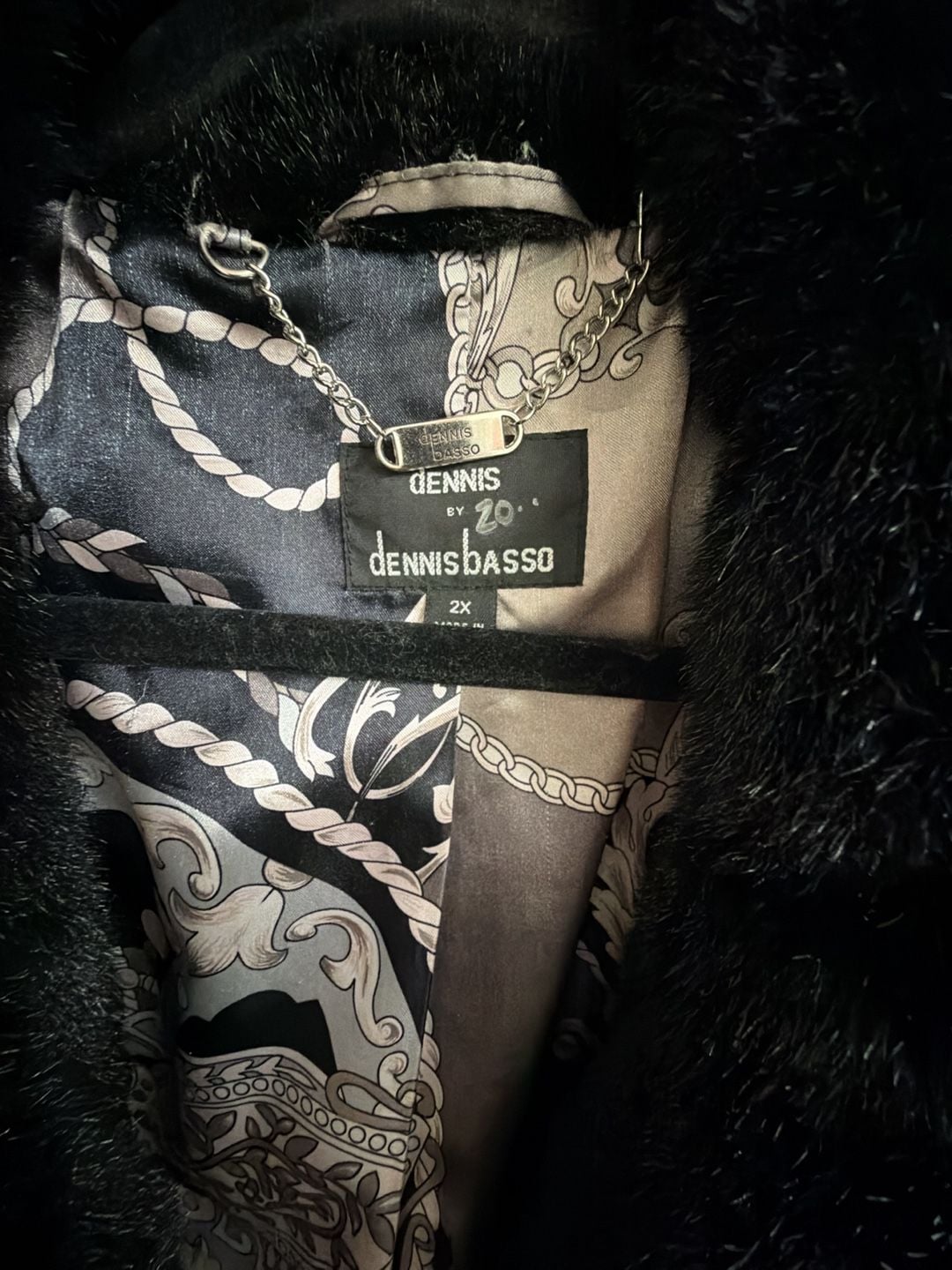 Dennis Basso Faux Fur Coat Size 2X Black Printed Lining 3
