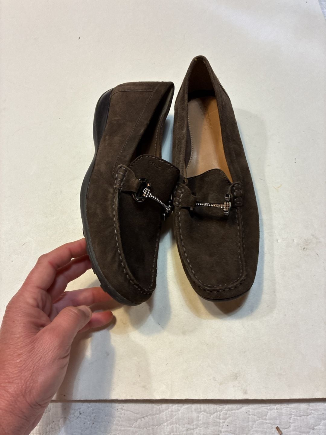 Geox Brown Suede Bit Loafers Rhinestone Buckle 2