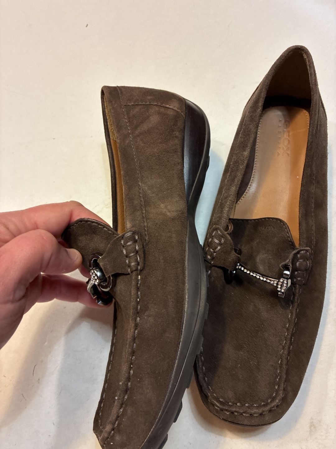 Geox Brown Suede Bit Loafers Rhinestone Buckle 5