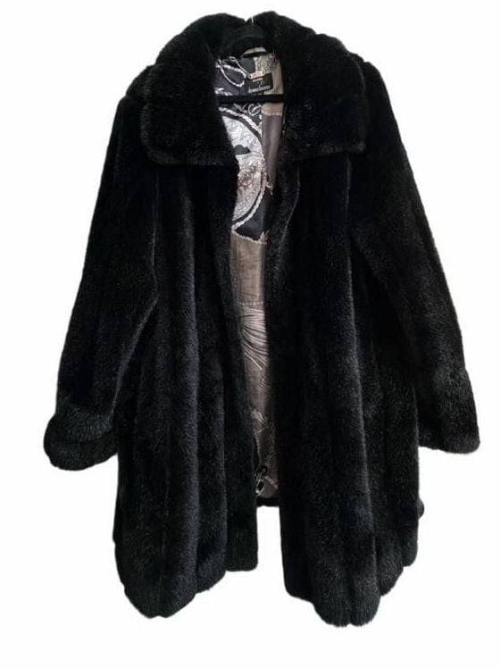 Dennis Basso Faux Fur Coat Size 2X Black Printed Lining 2